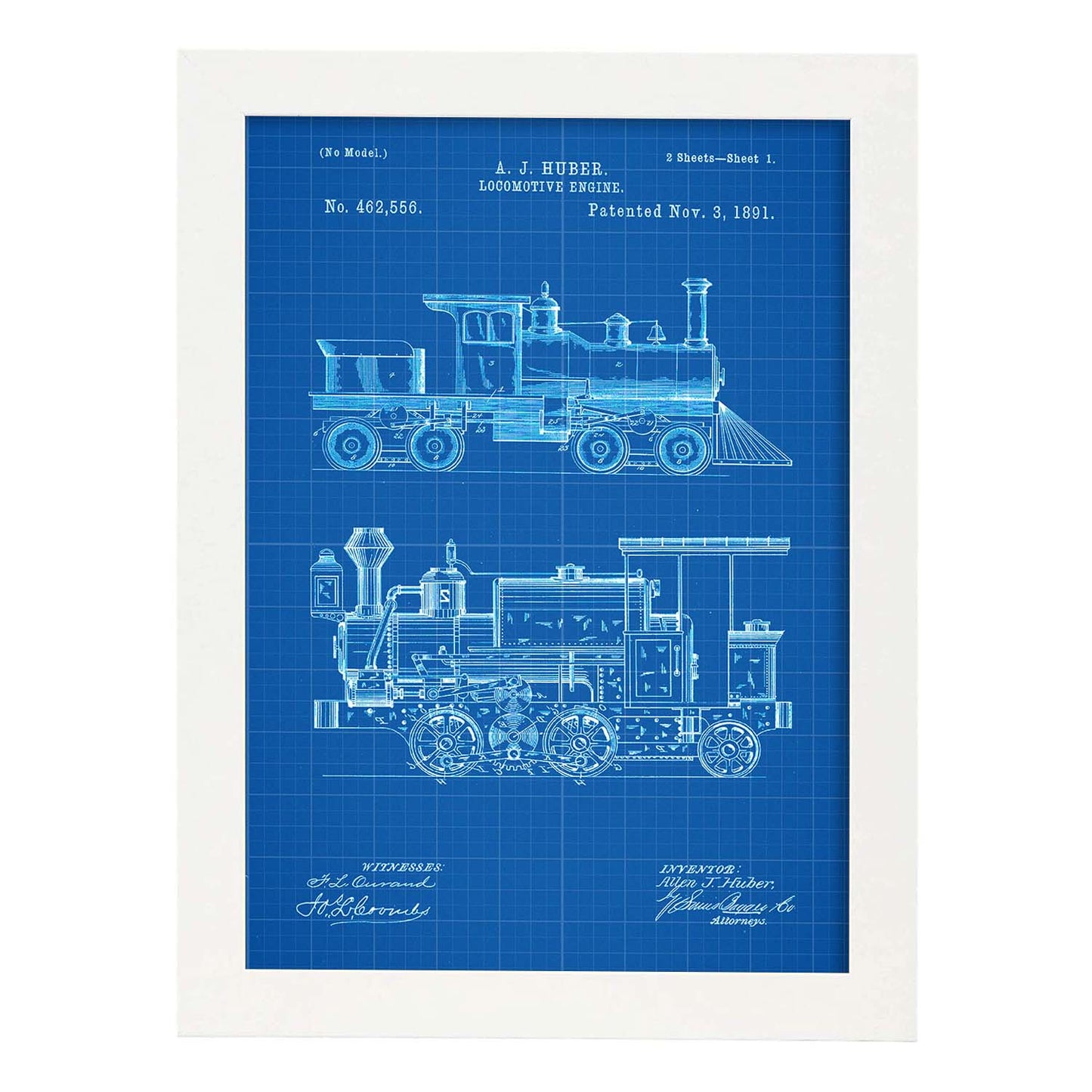 Poster con patente de Locomotora. Lámina con diseño de patente antigua-Artwork-Nacnic-A4-Marco Blanco-Nacnic Estudio SL
