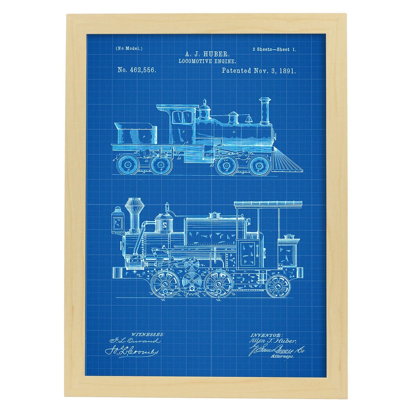 Poster con patente de Locomotora. Lámina con diseño de patente antigua-Artwork-Nacnic-A4-Marco Madera clara-Nacnic Estudio SL