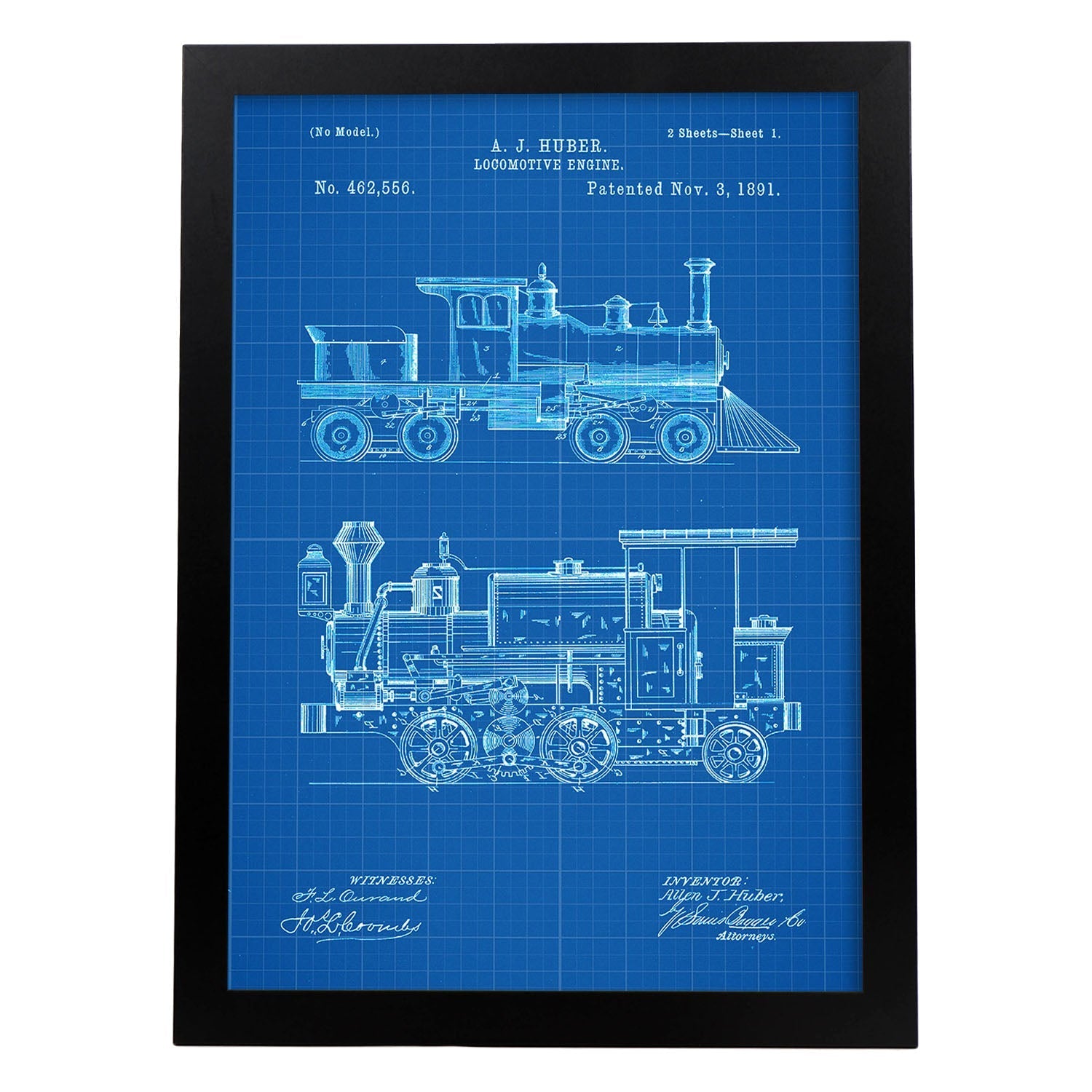 Poster con patente de Locomotora. Lámina con diseño de patente antigua-Artwork-Nacnic-A4-Marco Negro-Nacnic Estudio SL