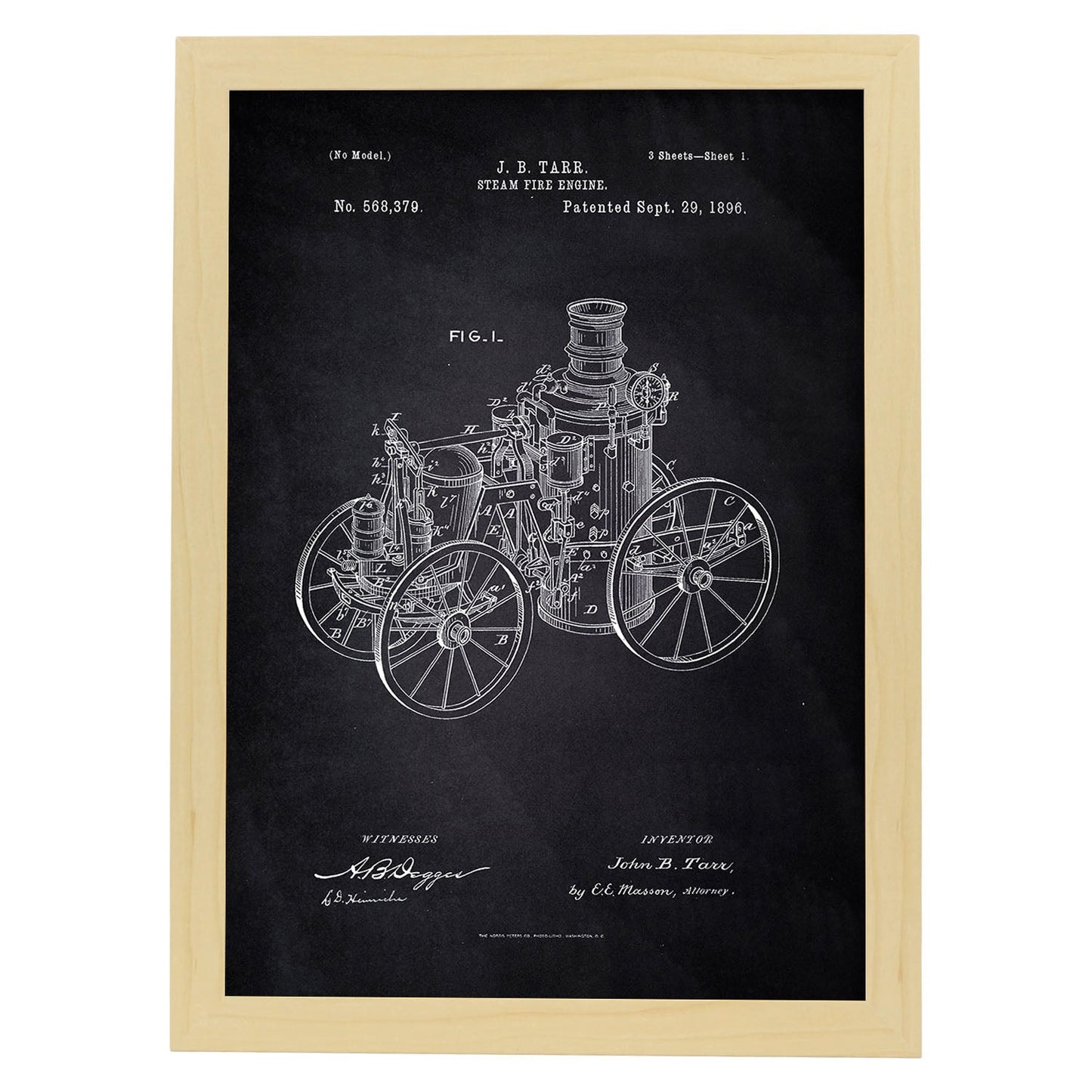 Poster con patente de Maquina a vapor. Lámina con diseño de patente antigua-Artwork-Nacnic-A3-Marco Madera clara-Nacnic Estudio SL
