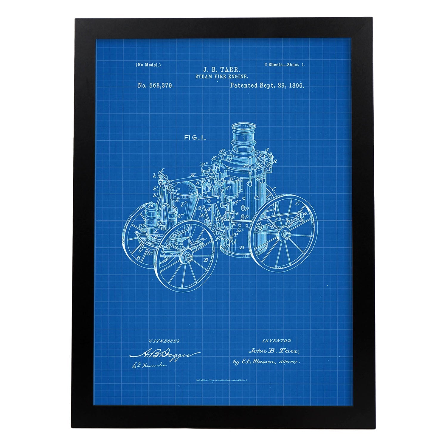 Poster con patente de Maquina a vapor. Lámina con diseño de patente antigua-Artwork-Nacnic-A3-Marco Negro-Nacnic Estudio SL