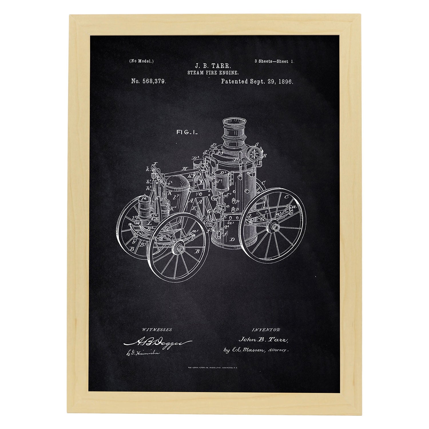 Poster con patente de Maquina a vapor. Lámina con diseño de patente antigua-Artwork-Nacnic-A4-Marco Madera clara-Nacnic Estudio SL