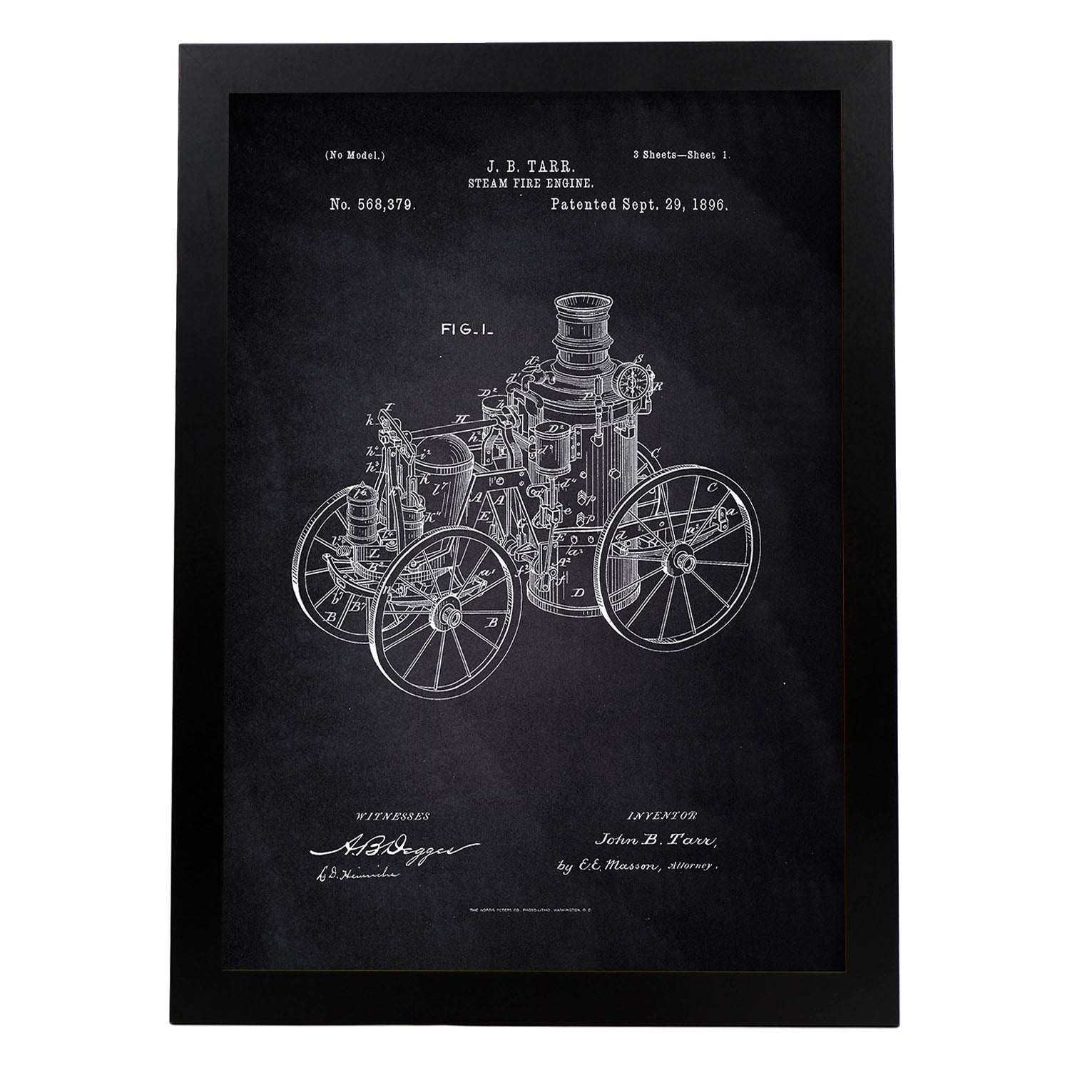 Poster con patente de Maquina a vapor. Lámina con diseño de patente antigua-Artwork-Nacnic-A4-Marco Negro-Nacnic Estudio SL