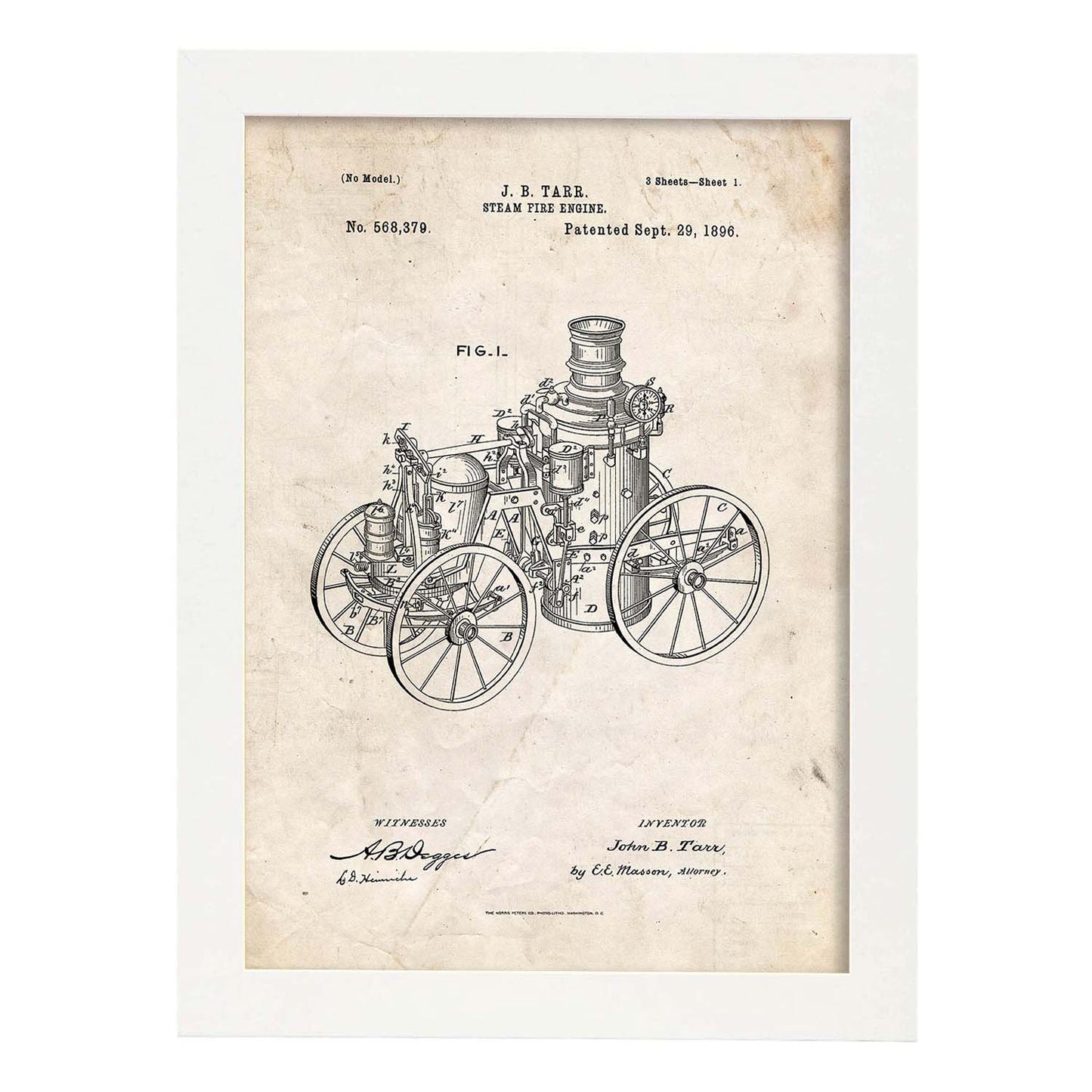 Poster con patente de Maquina a vapor. Lámina con diseño de patente antigua.-Artwork-Nacnic-A3-Marco Blanco-Nacnic Estudio SL