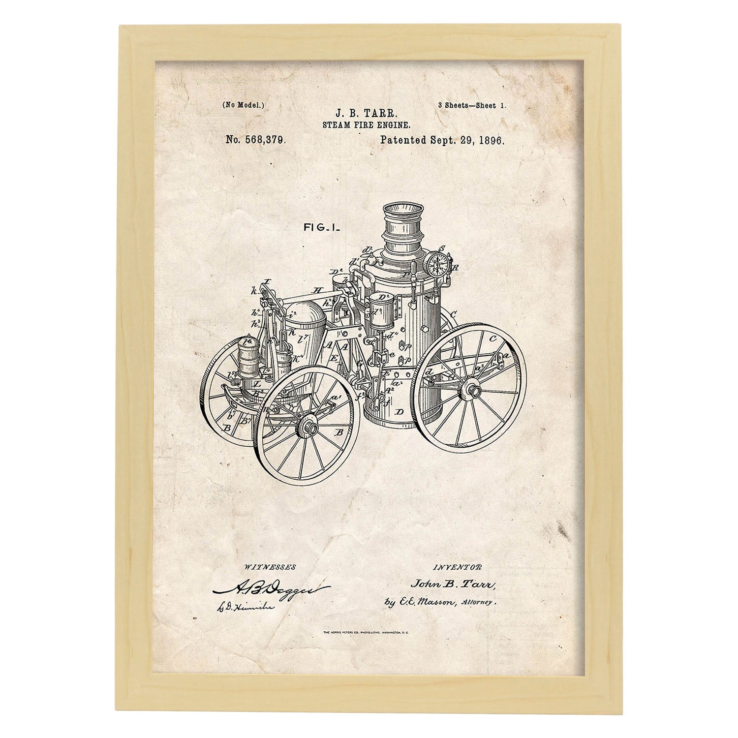 Poster con patente de Maquina a vapor. Lámina con diseño de patente antigua.-Artwork-Nacnic-A3-Marco Madera clara-Nacnic Estudio SL