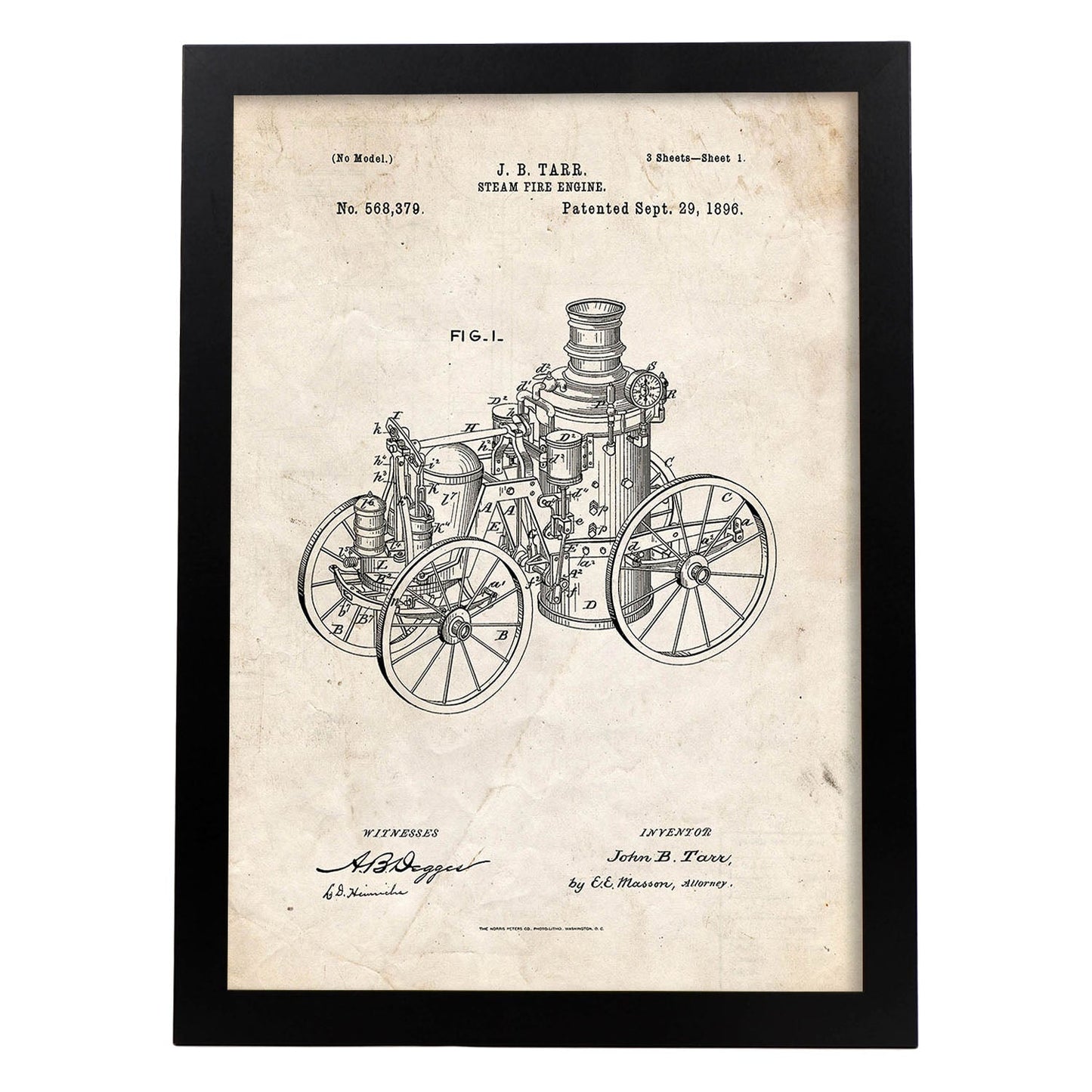 Poster con patente de Maquina a vapor. Lámina con diseño de patente antigua.-Artwork-Nacnic-A3-Marco Negro-Nacnic Estudio SL