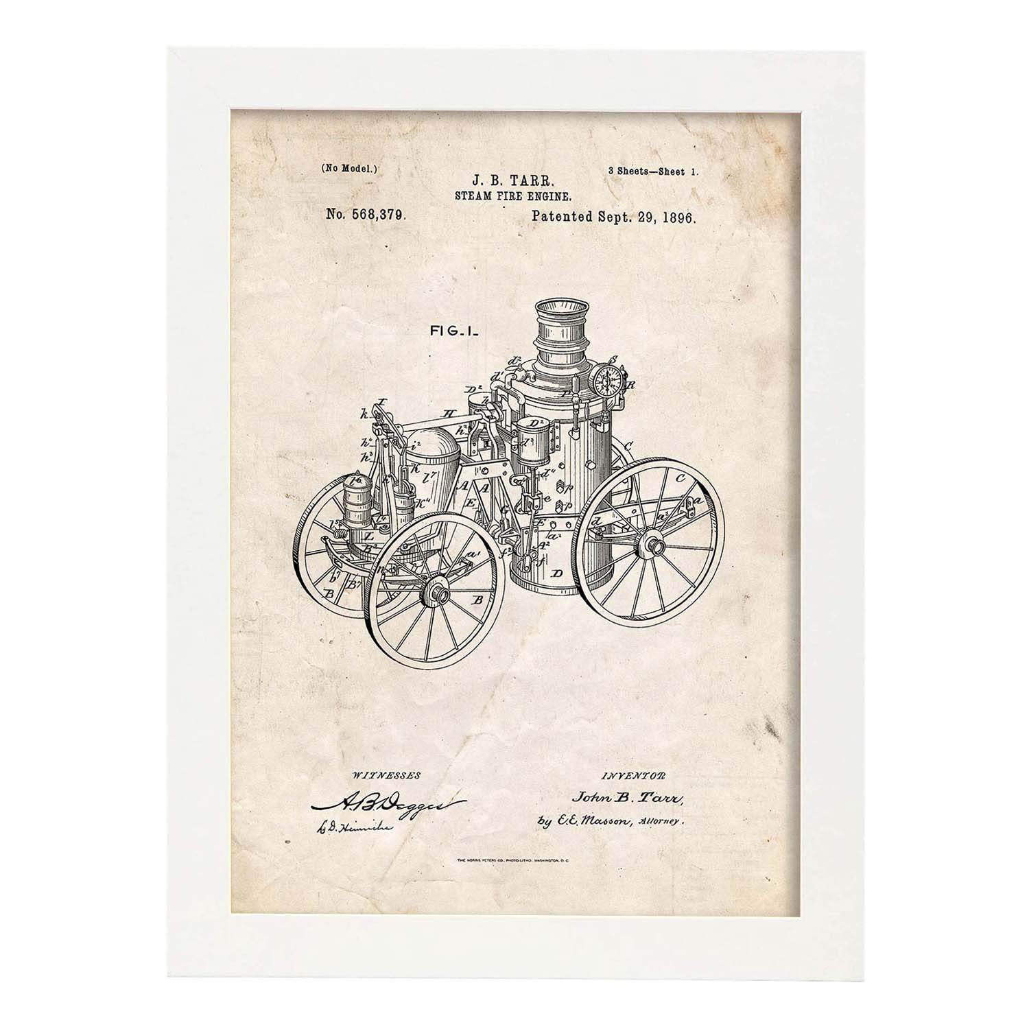 Poster con patente de Maquina a vapor. Lámina con diseño de patente antigua.-Artwork-Nacnic-A4-Marco Blanco-Nacnic Estudio SL