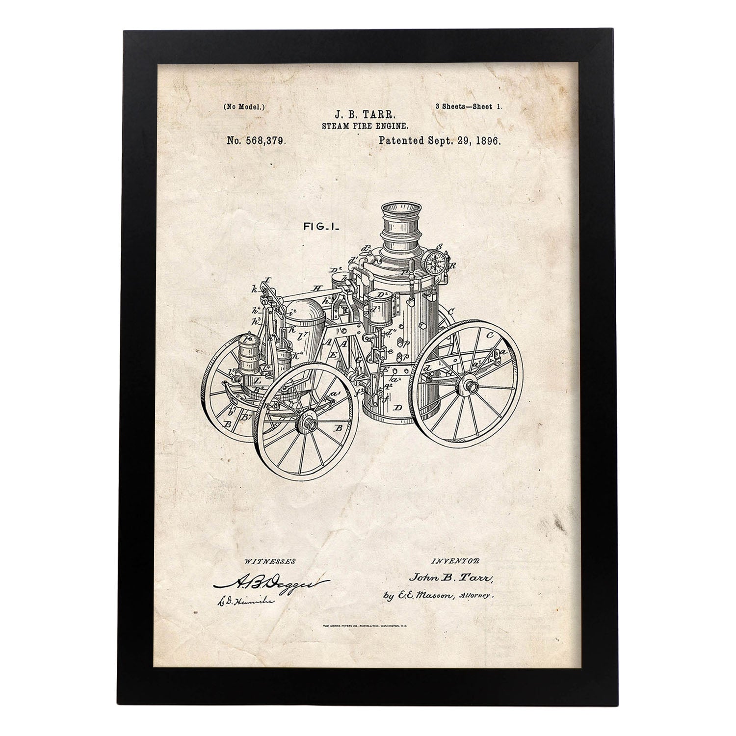 Poster con patente de Maquina a vapor. Lámina con diseño de patente antigua.-Artwork-Nacnic-A4-Marco Negro-Nacnic Estudio SL