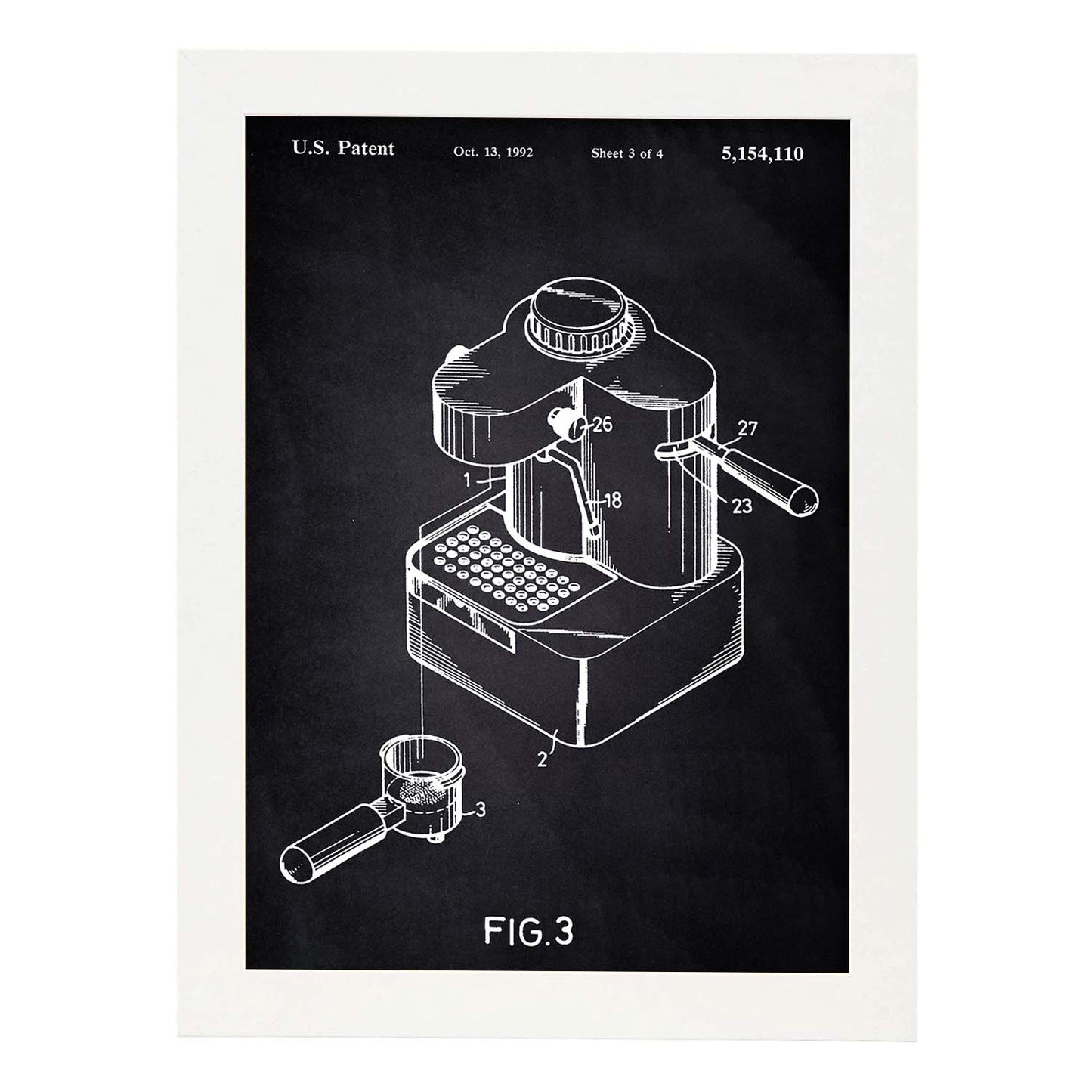 Poster con patente de Maquina de cafe pequeña. Lámina con diseño de patente antigua-Artwork-Nacnic-A3-Marco Blanco-Nacnic Estudio SL