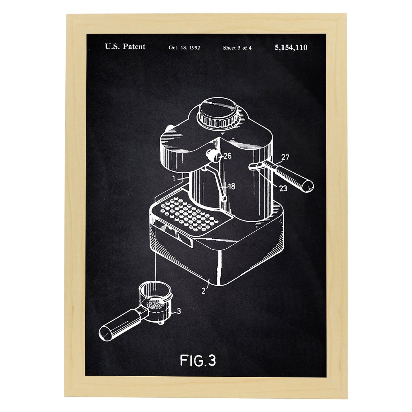 Poster con patente de Maquina de cafe pequeña. Lámina con diseño de patente antigua-Artwork-Nacnic-A3-Marco Madera clara-Nacnic Estudio SL