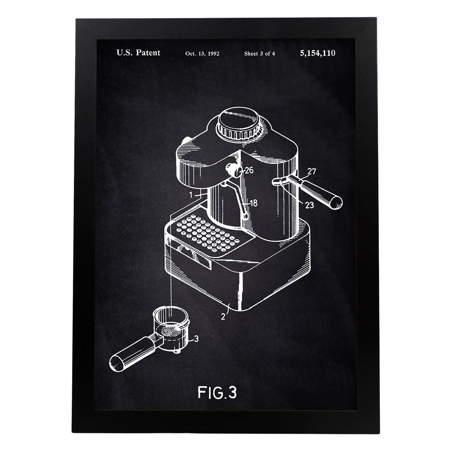 Poster con patente de Maquina de cafe pequeña. Lámina con diseño de patente antigua-Artwork-Nacnic-A3-Marco Negro-Nacnic Estudio SL