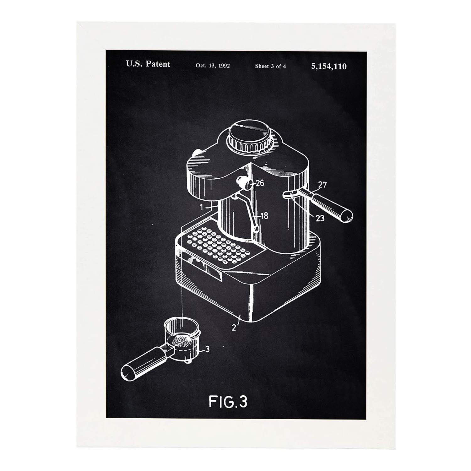 Poster con patente de Maquina de cafe pequeña. Lámina con diseño de patente antigua-Artwork-Nacnic-A4-Marco Blanco-Nacnic Estudio SL