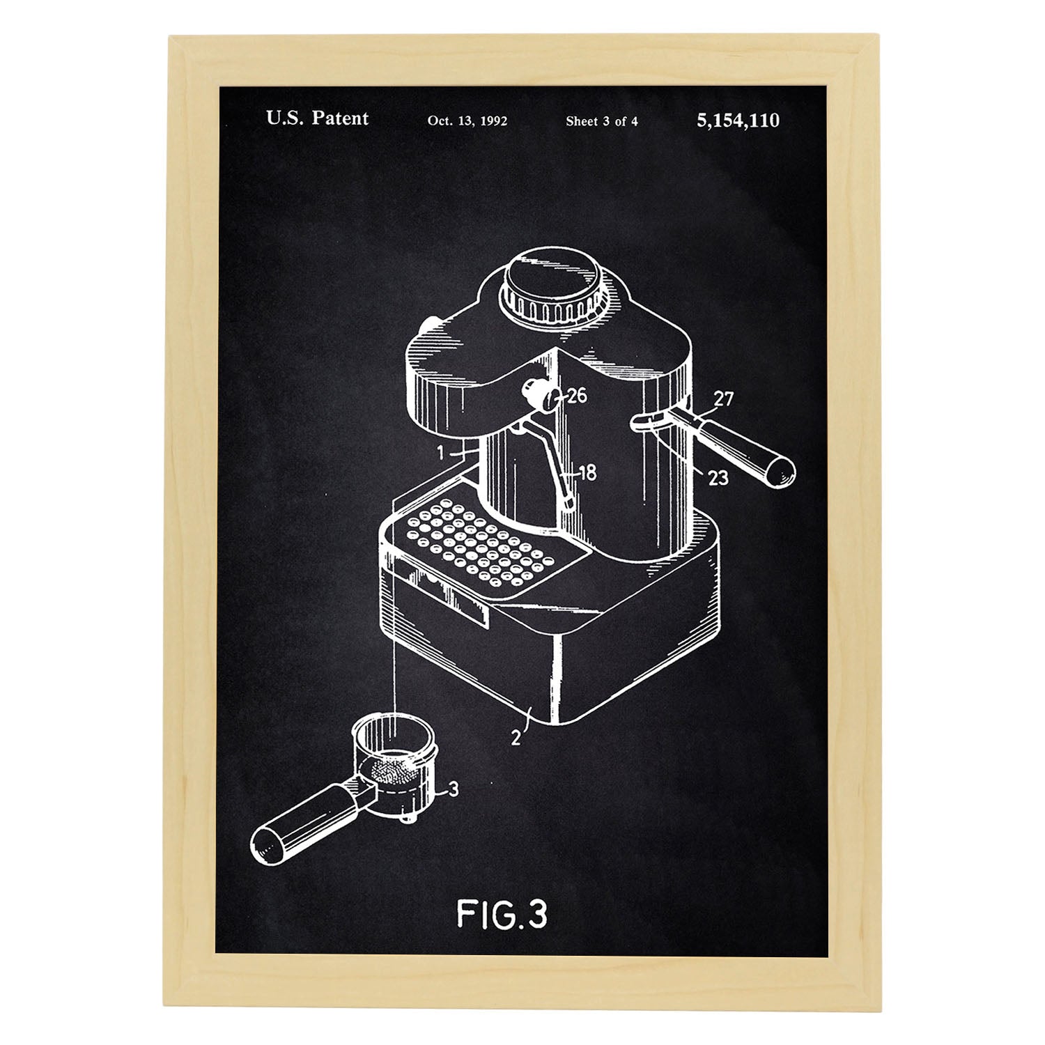 Poster con patente de Maquina de cafe pequeña. Lámina con diseño de patente antigua-Artwork-Nacnic-A4-Marco Madera clara-Nacnic Estudio SL