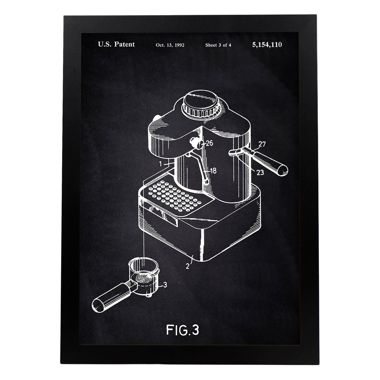 Poster con patente de Maquina de cafe pequeña. Lámina con diseño de patente antigua-Artwork-Nacnic-A4-Marco Negro-Nacnic Estudio SL