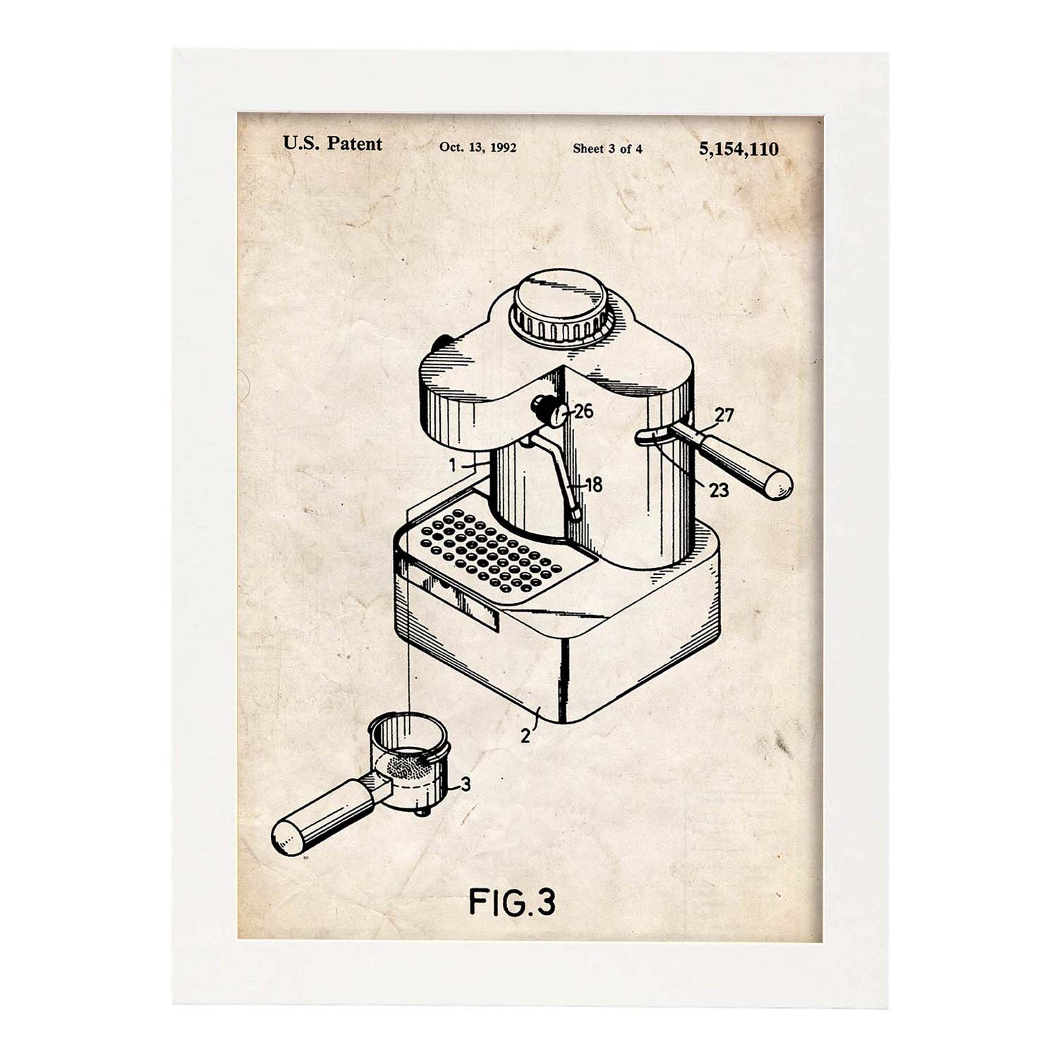 Poster con patente de Maquina de cafe pequeña. Lámina con diseño de patente antigua.-Artwork-Nacnic-A3-Marco Blanco-Nacnic Estudio SL