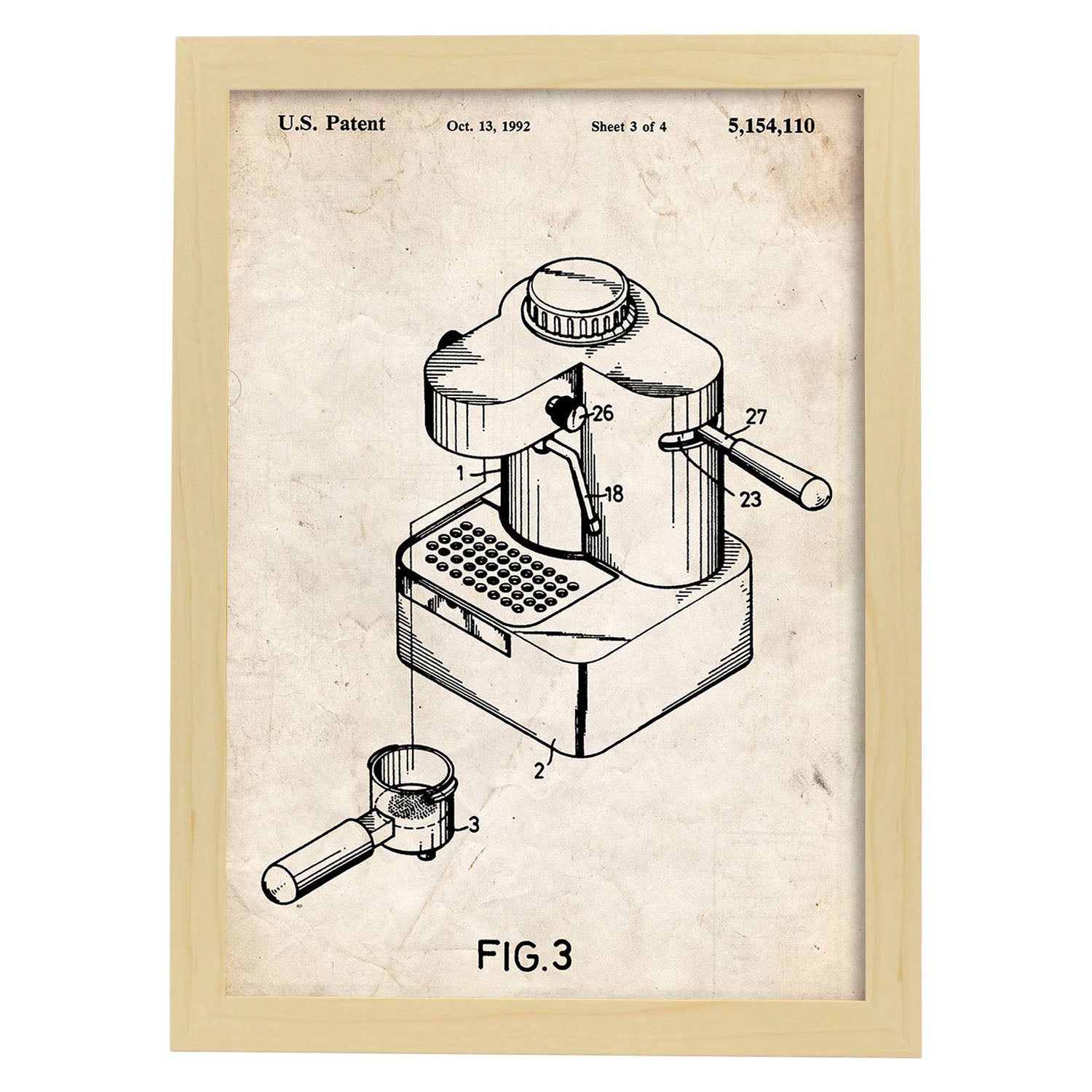 Poster con patente de Maquina de cafe pequeña. Lámina con diseño de patente antigua.-Artwork-Nacnic-A3-Marco Madera clara-Nacnic Estudio SL