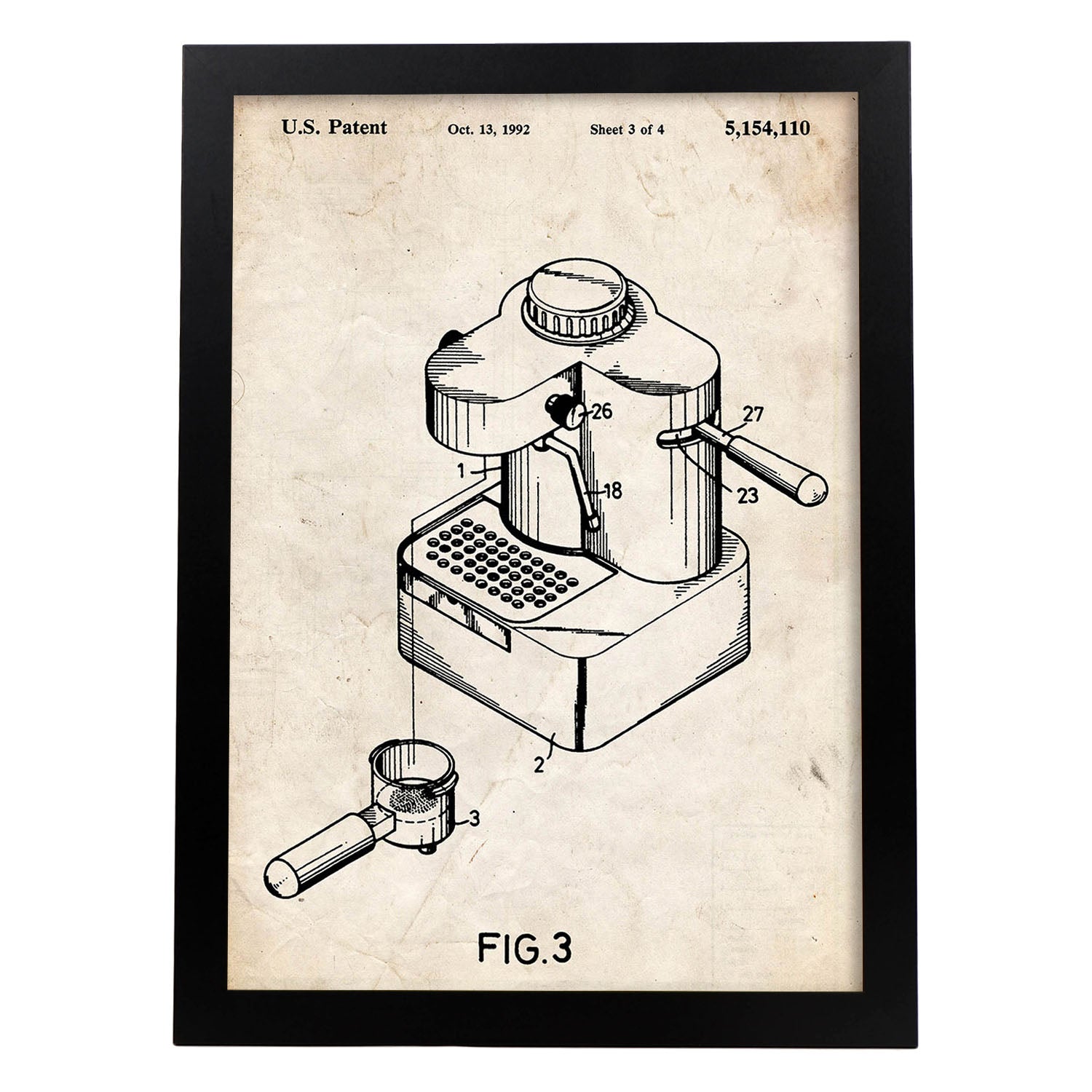 Poster con patente de Maquina de cafe pequeña. Lámina con diseño de patente antigua.-Artwork-Nacnic-A3-Marco Negro-Nacnic Estudio SL