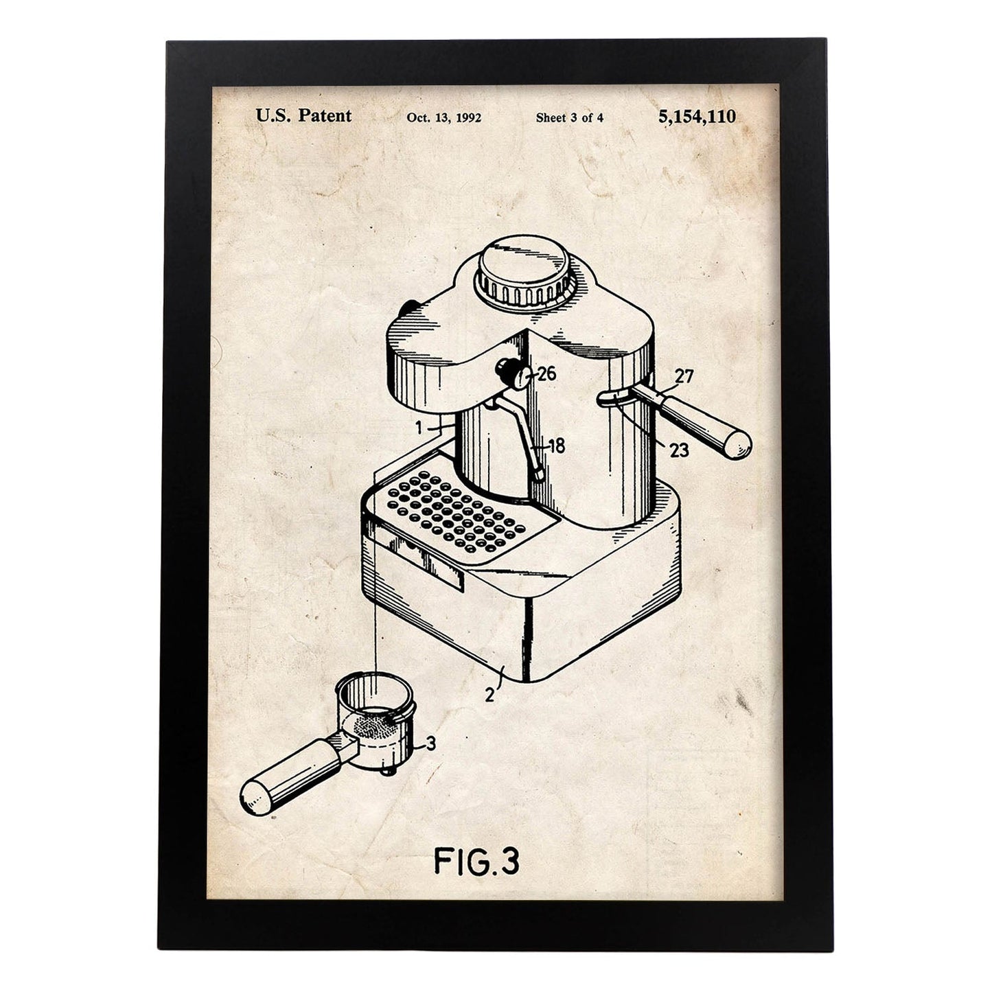 Poster con patente de Maquina de cafe pequeña. Lámina con diseño de patente antigua.-Artwork-Nacnic-A4-Marco Negro-Nacnic Estudio SL