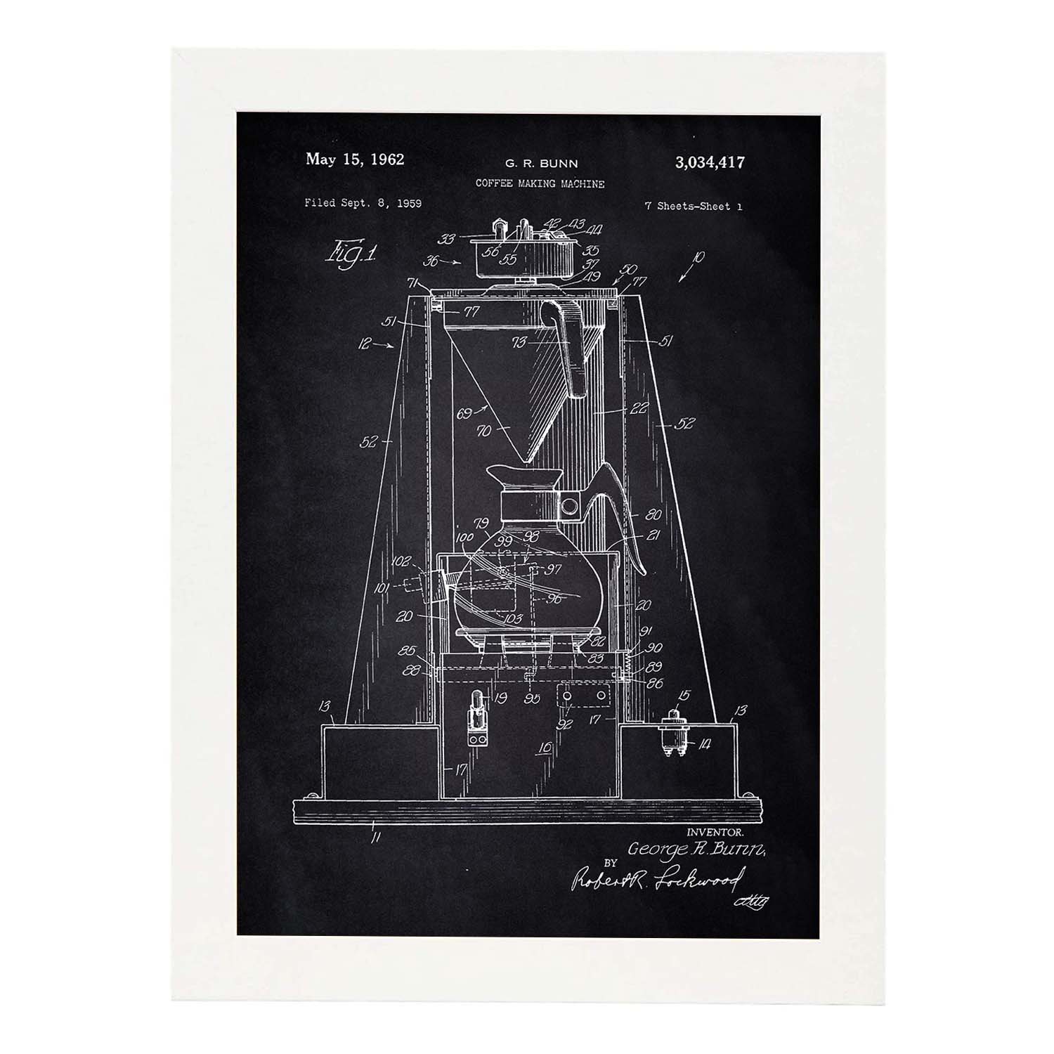 Poster con patente de Maquina de cafe. Lámina con diseño de patente antigua-Artwork-Nacnic-A3-Marco Blanco-Nacnic Estudio SL