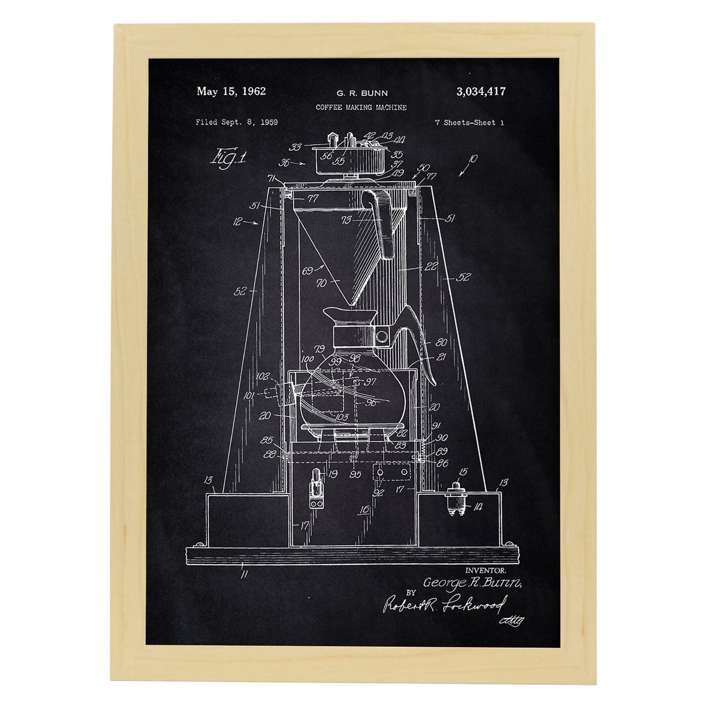 Poster con patente de Maquina de cafe. Lámina con diseño de patente antigua-Artwork-Nacnic-A3-Marco Madera clara-Nacnic Estudio SL