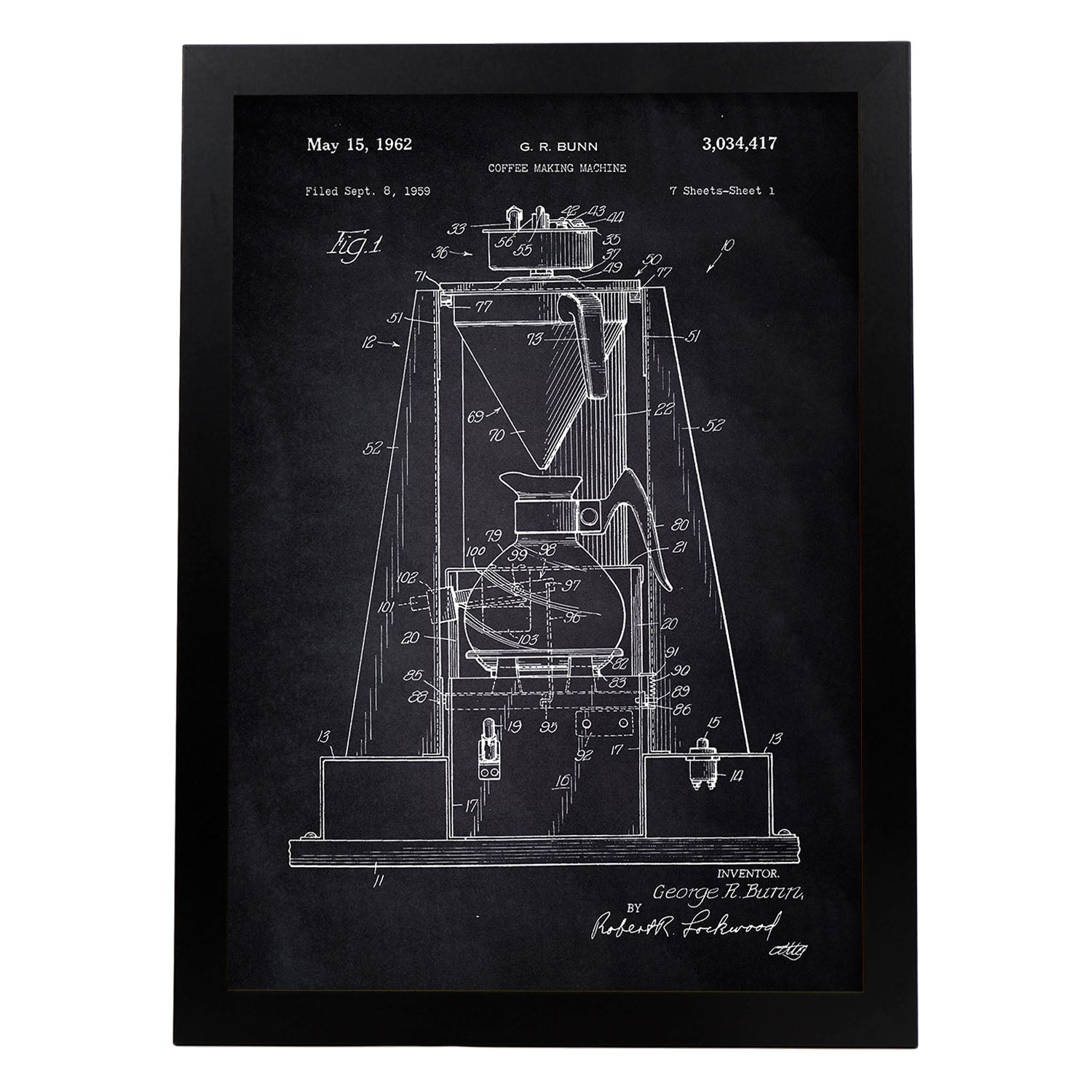 Poster con patente de Maquina de cafe. Lámina con diseño de patente antigua-Artwork-Nacnic-A3-Marco Negro-Nacnic Estudio SL