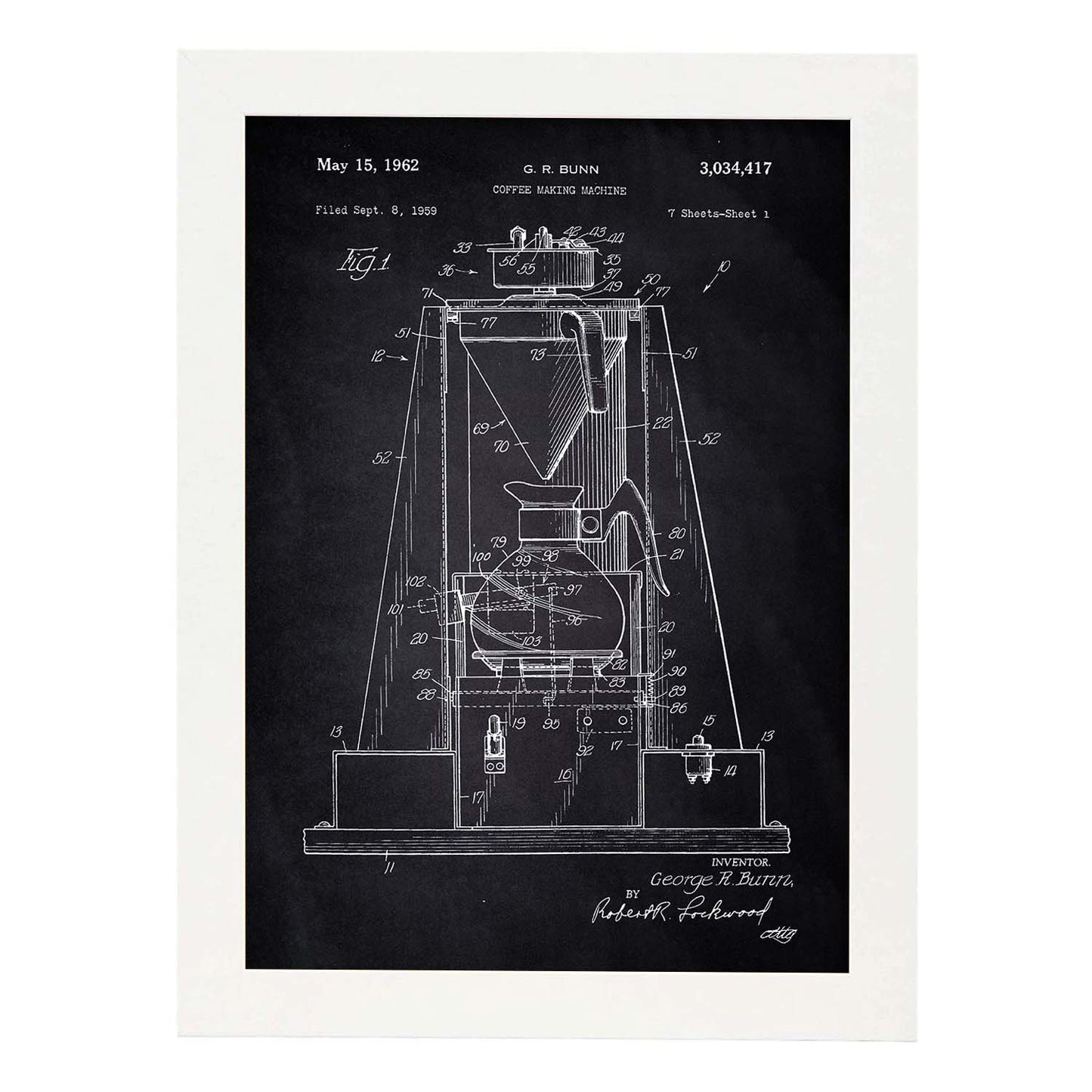 Poster con patente de Maquina de cafe. Lámina con diseño de patente antigua-Artwork-Nacnic-A4-Marco Blanco-Nacnic Estudio SL