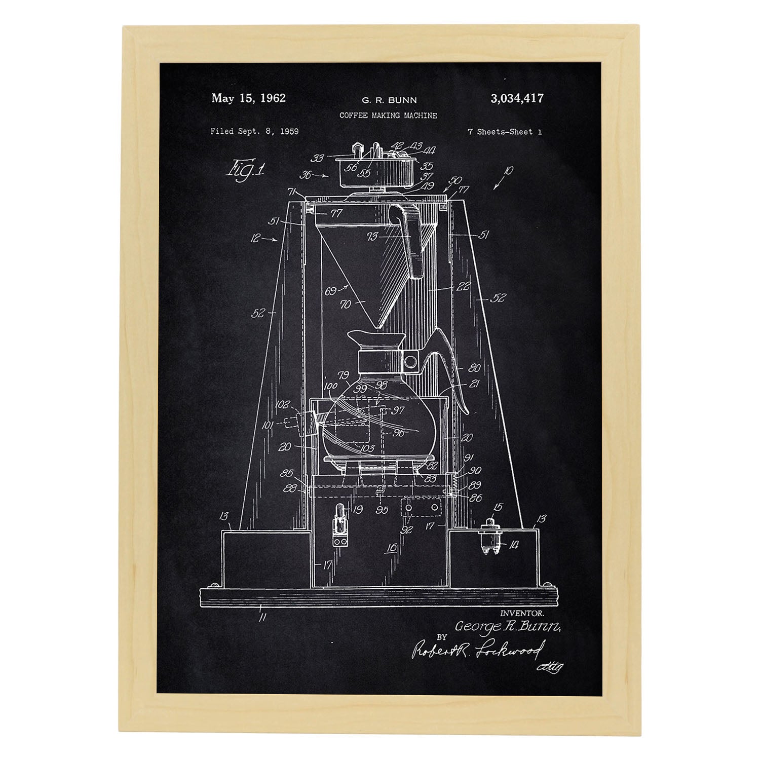 Poster con patente de Maquina de cafe. Lámina con diseño de patente antigua-Artwork-Nacnic-A4-Marco Madera clara-Nacnic Estudio SL