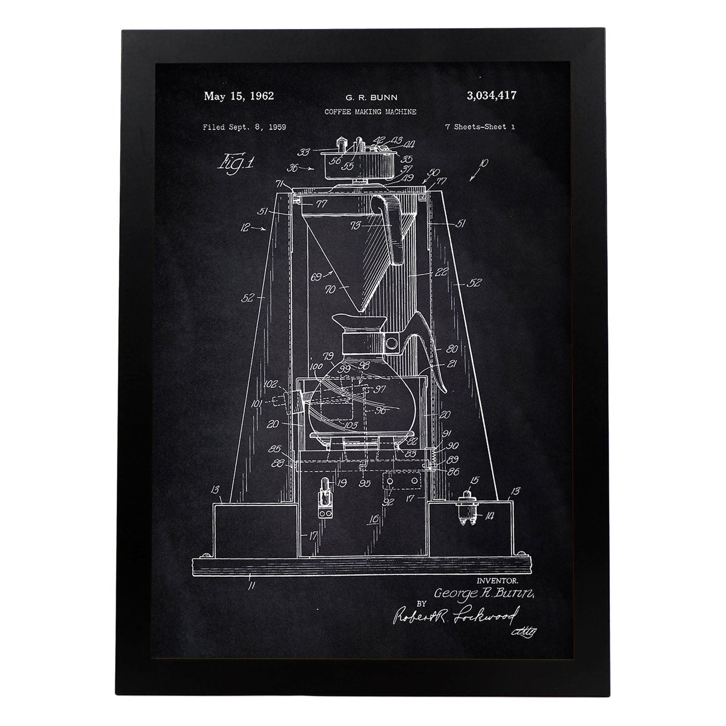 Poster con patente de Maquina de cafe. Lámina con diseño de patente antigua-Artwork-Nacnic-A4-Marco Negro-Nacnic Estudio SL