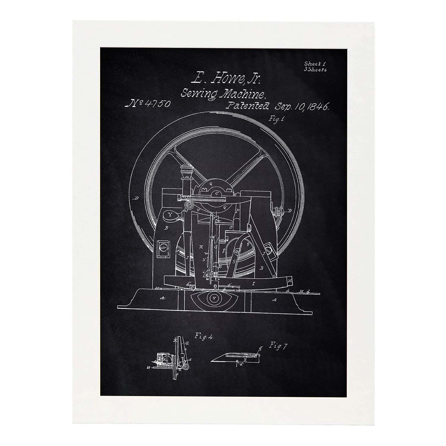 Poster con patente de Maquina de coser 2. Lámina con diseño de patente antigua-Artwork-Nacnic-A3-Marco Blanco-Nacnic Estudio SL