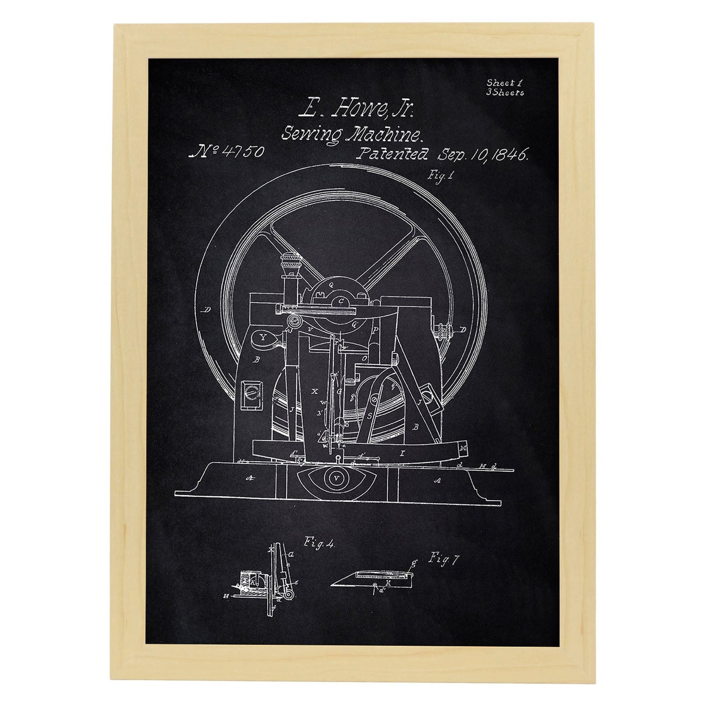 Poster con patente de Maquina de coser 2. Lámina con diseño de patente antigua-Artwork-Nacnic-A3-Marco Madera clara-Nacnic Estudio SL