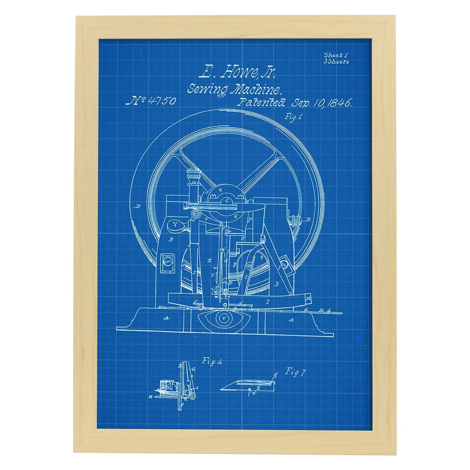 Poster con patente de Maquina de coser 2. Lámina con diseño de patente antigua-Artwork-Nacnic-A3-Marco Madera clara-Nacnic Estudio SL
