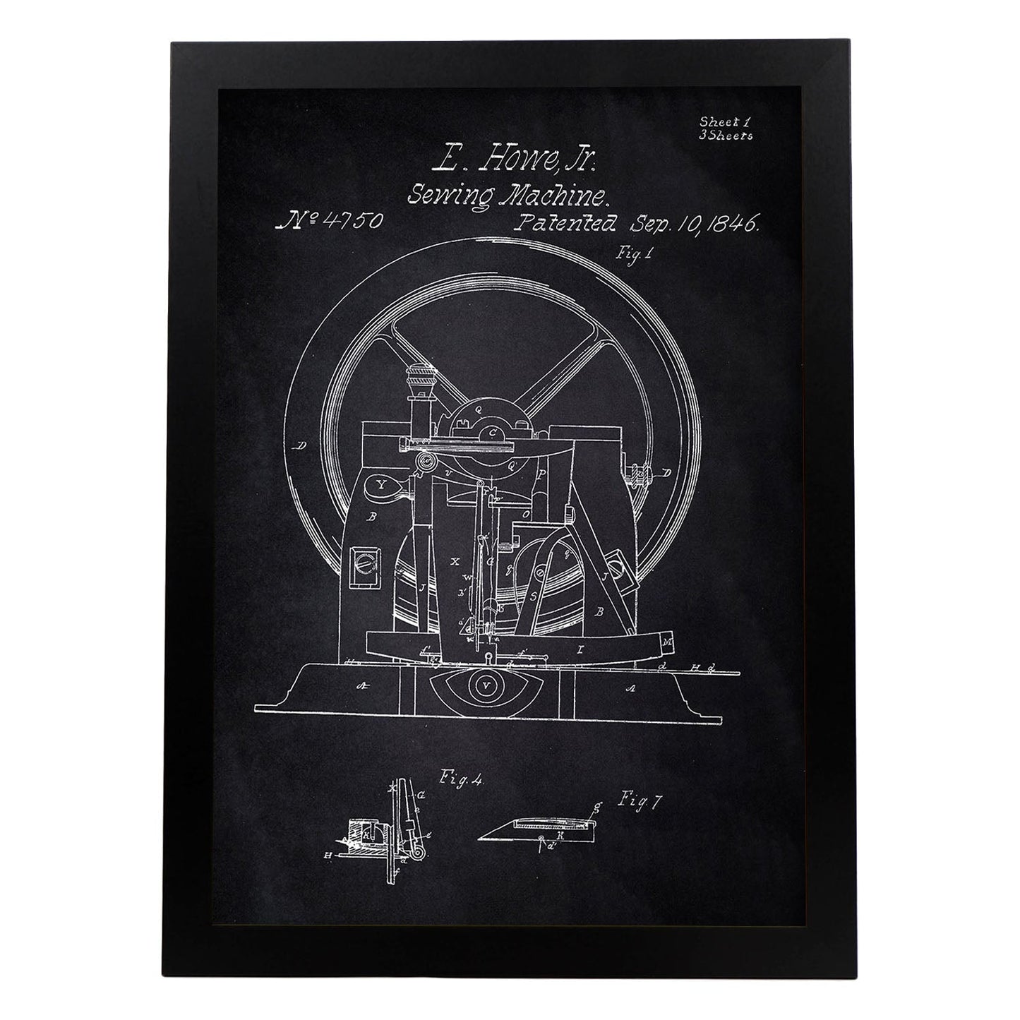 Poster con patente de Maquina de coser 2. Lámina con diseño de patente antigua-Artwork-Nacnic-A3-Marco Negro-Nacnic Estudio SL