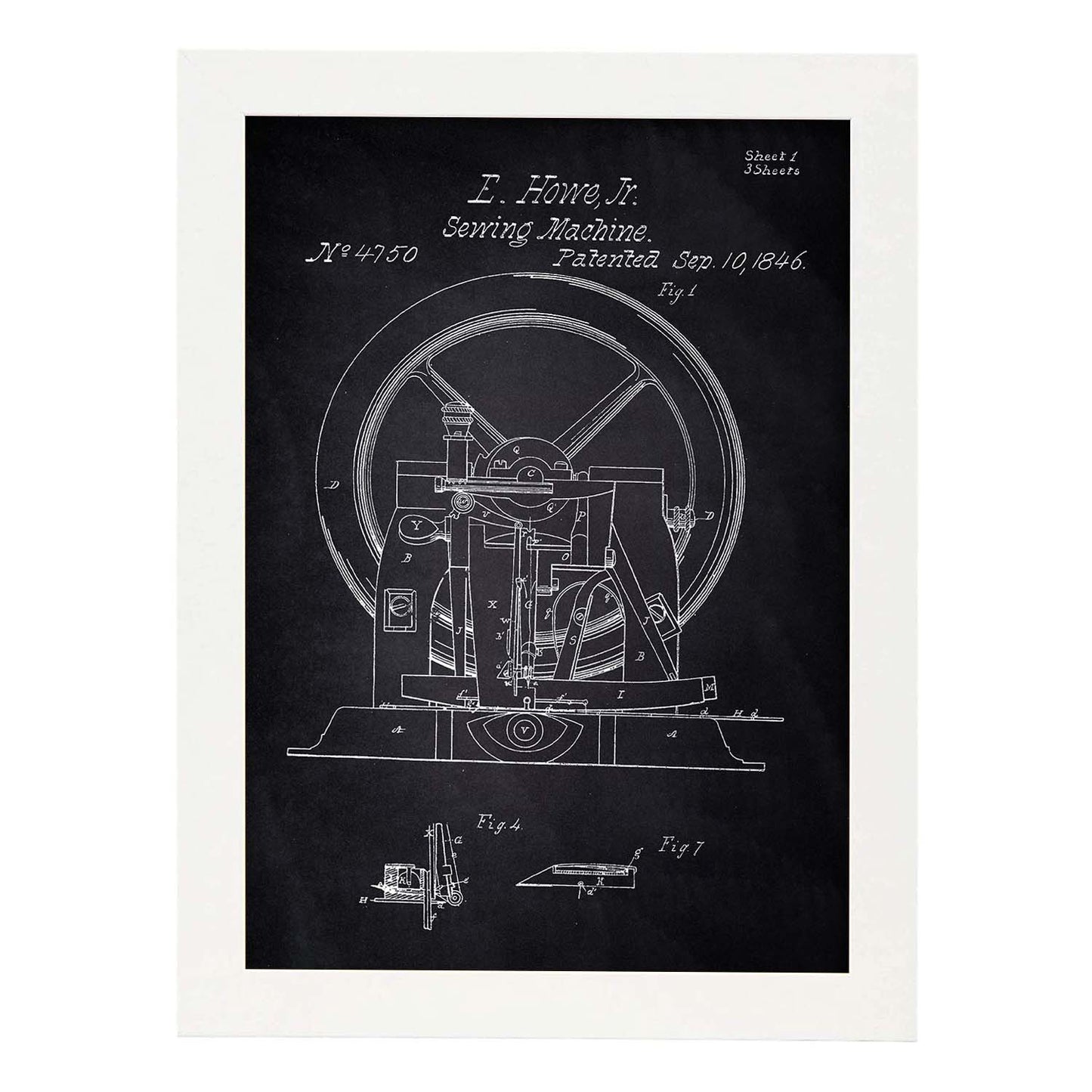 Poster con patente de Maquina de coser 2. Lámina con diseño de patente antigua-Artwork-Nacnic-A4-Marco Blanco-Nacnic Estudio SL