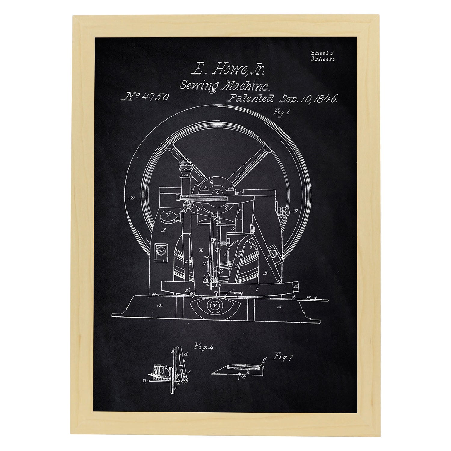 Poster con patente de Maquina de coser 2. Lámina con diseño de patente antigua-Artwork-Nacnic-A4-Marco Madera clara-Nacnic Estudio SL