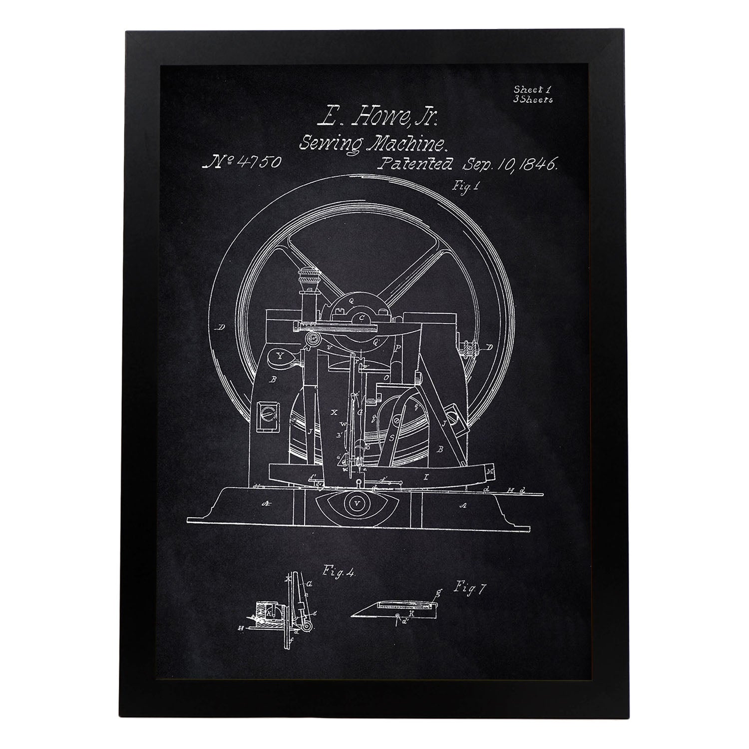 Poster con patente de Maquina de coser 2. Lámina con diseño de patente antigua-Artwork-Nacnic-A4-Marco Negro-Nacnic Estudio SL