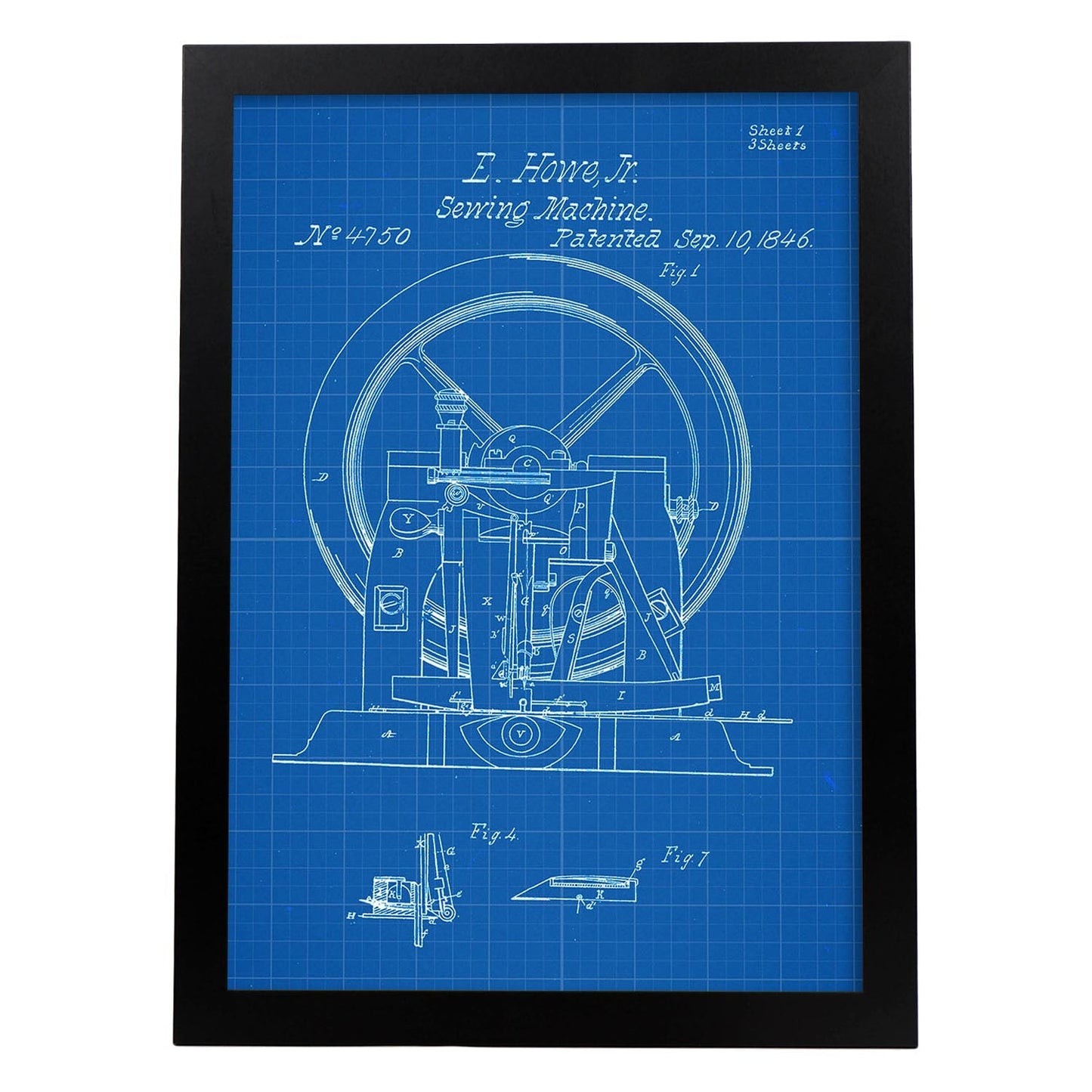 Poster con patente de Maquina de coser 2. Lámina con diseño de patente antigua-Artwork-Nacnic-A4-Marco Negro-Nacnic Estudio SL