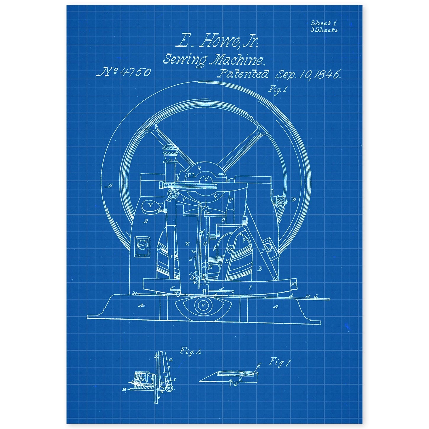 Poster con patente de Maquina de coser 2. Lámina con diseño de patente antigua-Artwork-Nacnic-A4-Sin marco-Nacnic Estudio SL