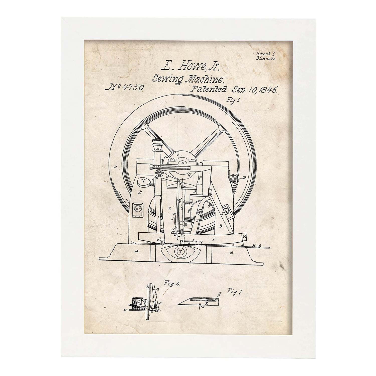 Poster con patente de Maquina de coser 2. Lámina con diseño de patente antigua.-Artwork-Nacnic-A3-Marco Blanco-Nacnic Estudio SL
