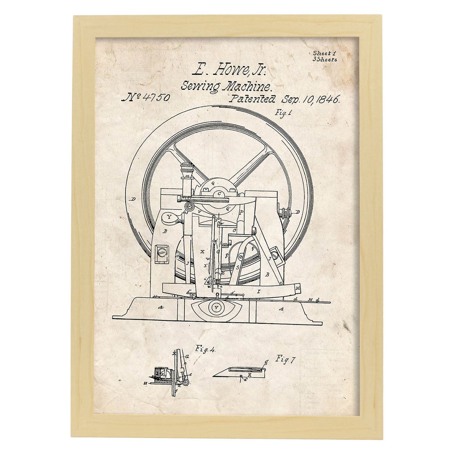 Poster con patente de Maquina de coser 2. Lámina con diseño de patente antigua.-Artwork-Nacnic-A3-Marco Madera clara-Nacnic Estudio SL