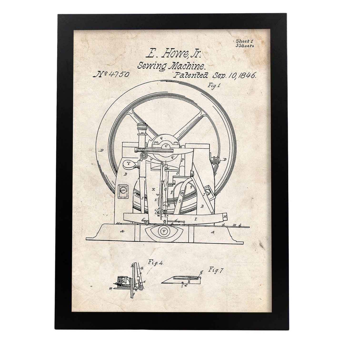Poster con patente de Maquina de coser 2. Lámina con diseño de patente antigua.-Artwork-Nacnic-A3-Marco Negro-Nacnic Estudio SL