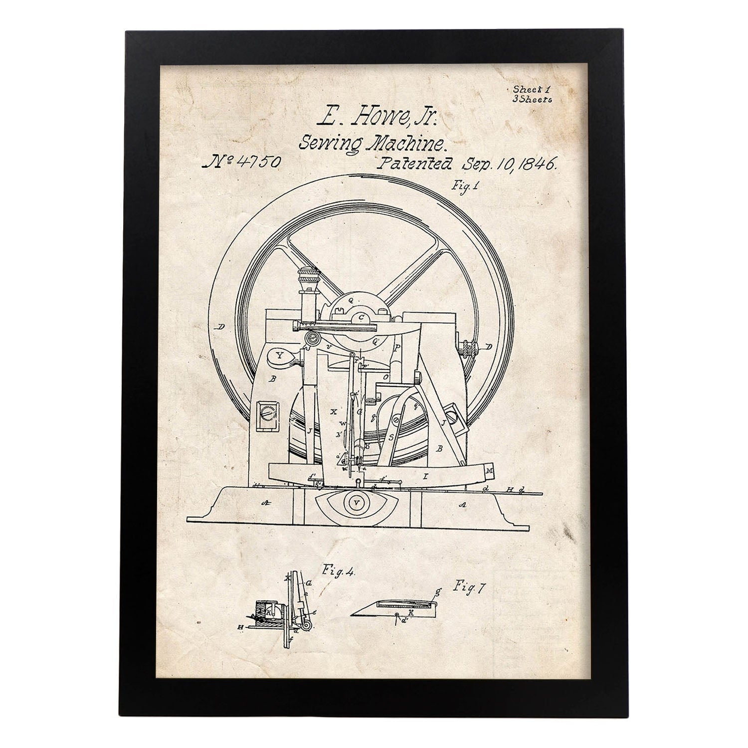 Poster con patente de Maquina de coser 2. Lámina con diseño de patente antigua.-Artwork-Nacnic-A3-Marco Negro-Nacnic Estudio SL