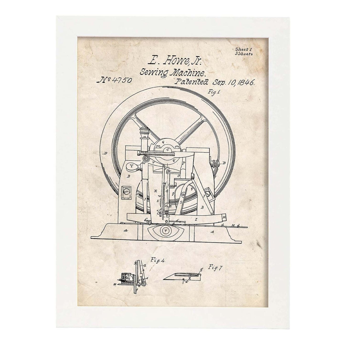 Poster con patente de Maquina de coser 2. Lámina con diseño de patente antigua.-Artwork-Nacnic-A4-Marco Blanco-Nacnic Estudio SL