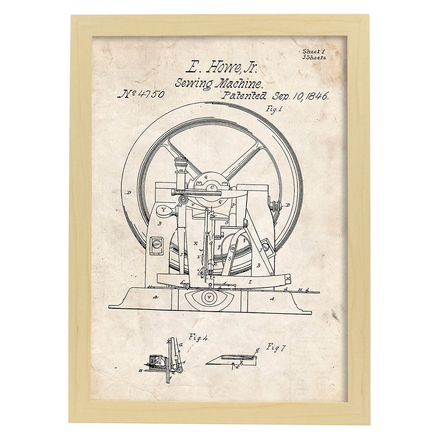 Poster con patente de Maquina de coser 2. Lámina con diseño de patente antigua.-Artwork-Nacnic-A4-Marco Madera clara-Nacnic Estudio SL