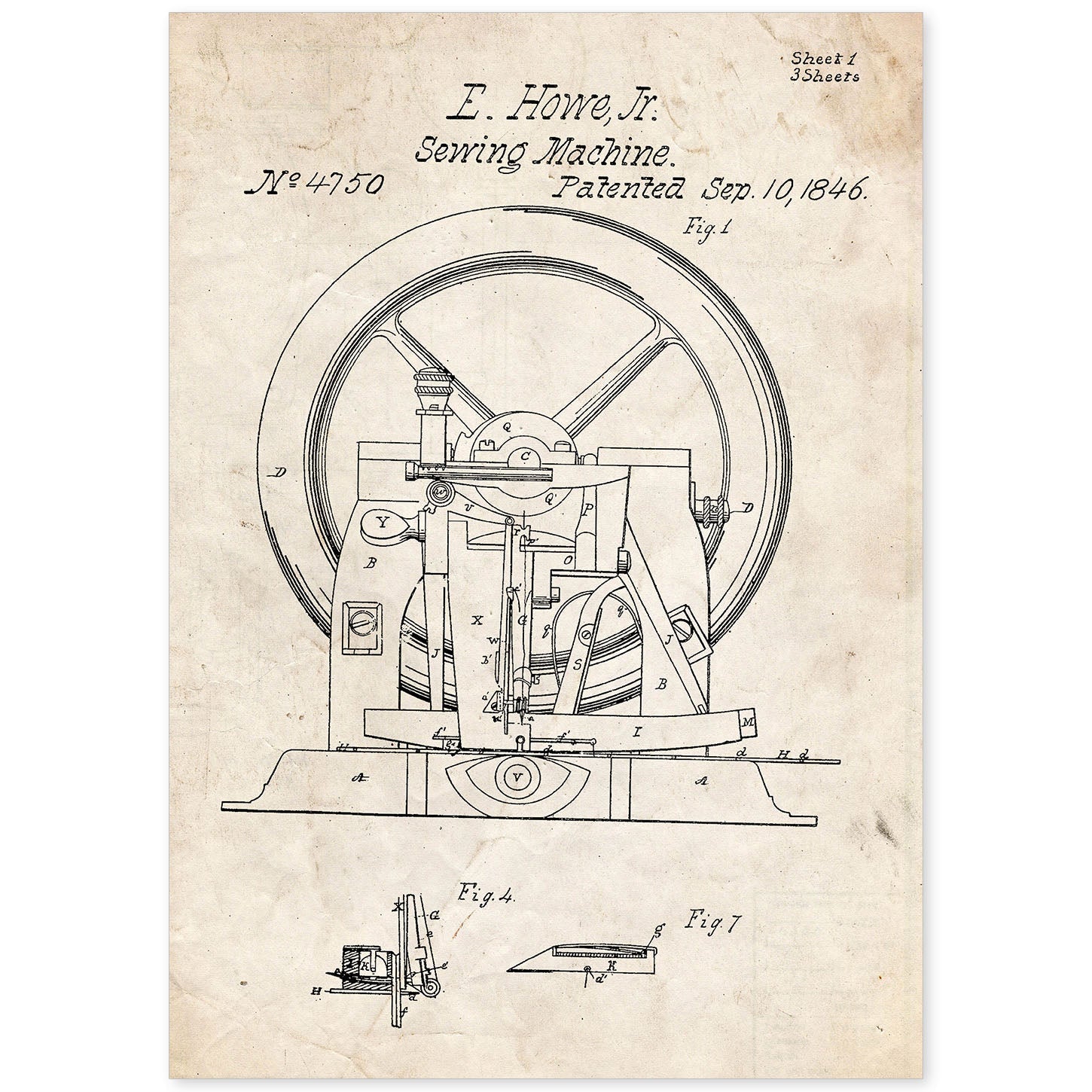 Poster con patente de Maquina de coser 2. Lámina con diseño de patente antigua.-Artwork-Nacnic-A4-Sin marco-Nacnic Estudio SL