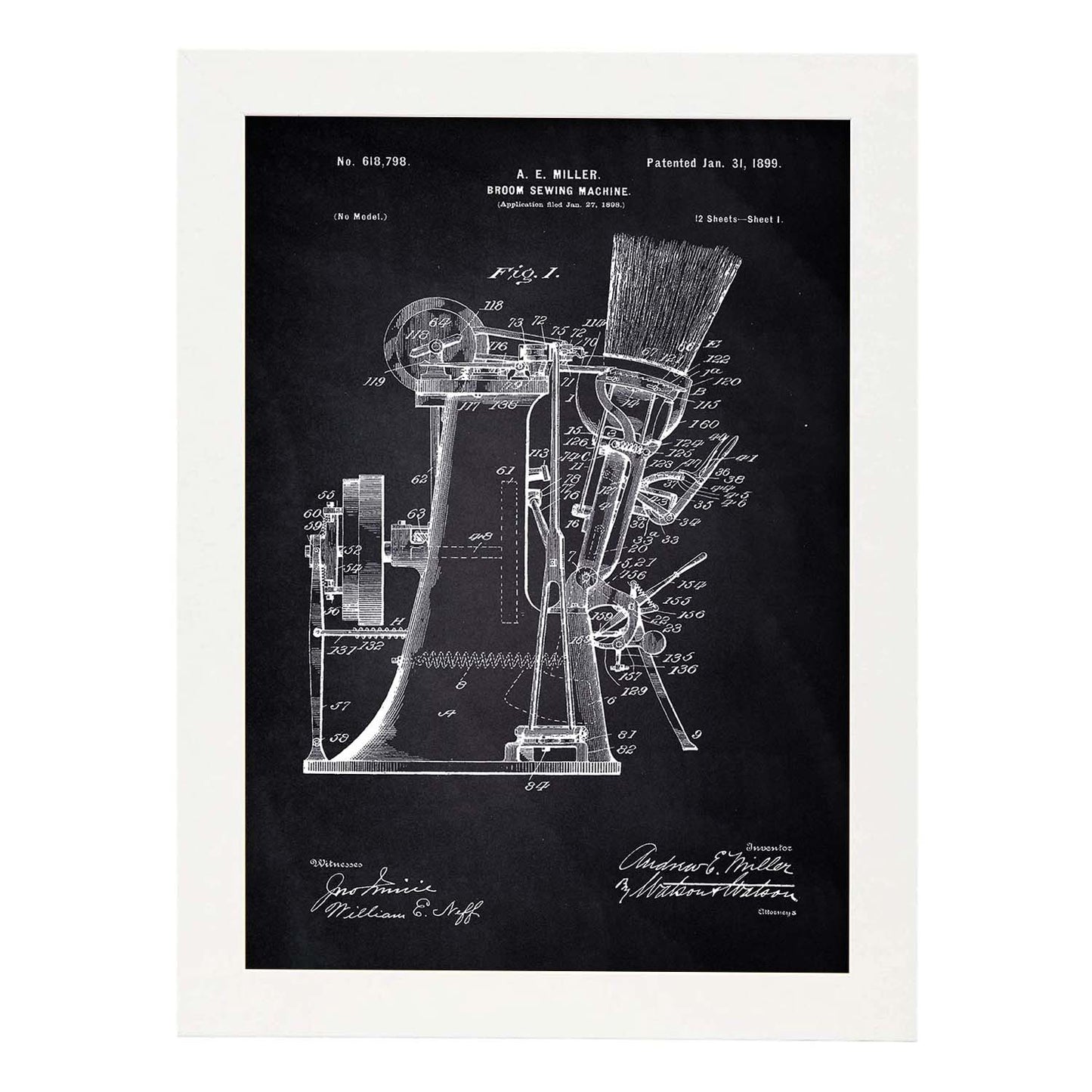 Poster con patente de Maquina de coser escobas. Lámina con diseño de patente antigua-Artwork-Nacnic-A3-Marco Blanco-Nacnic Estudio SL