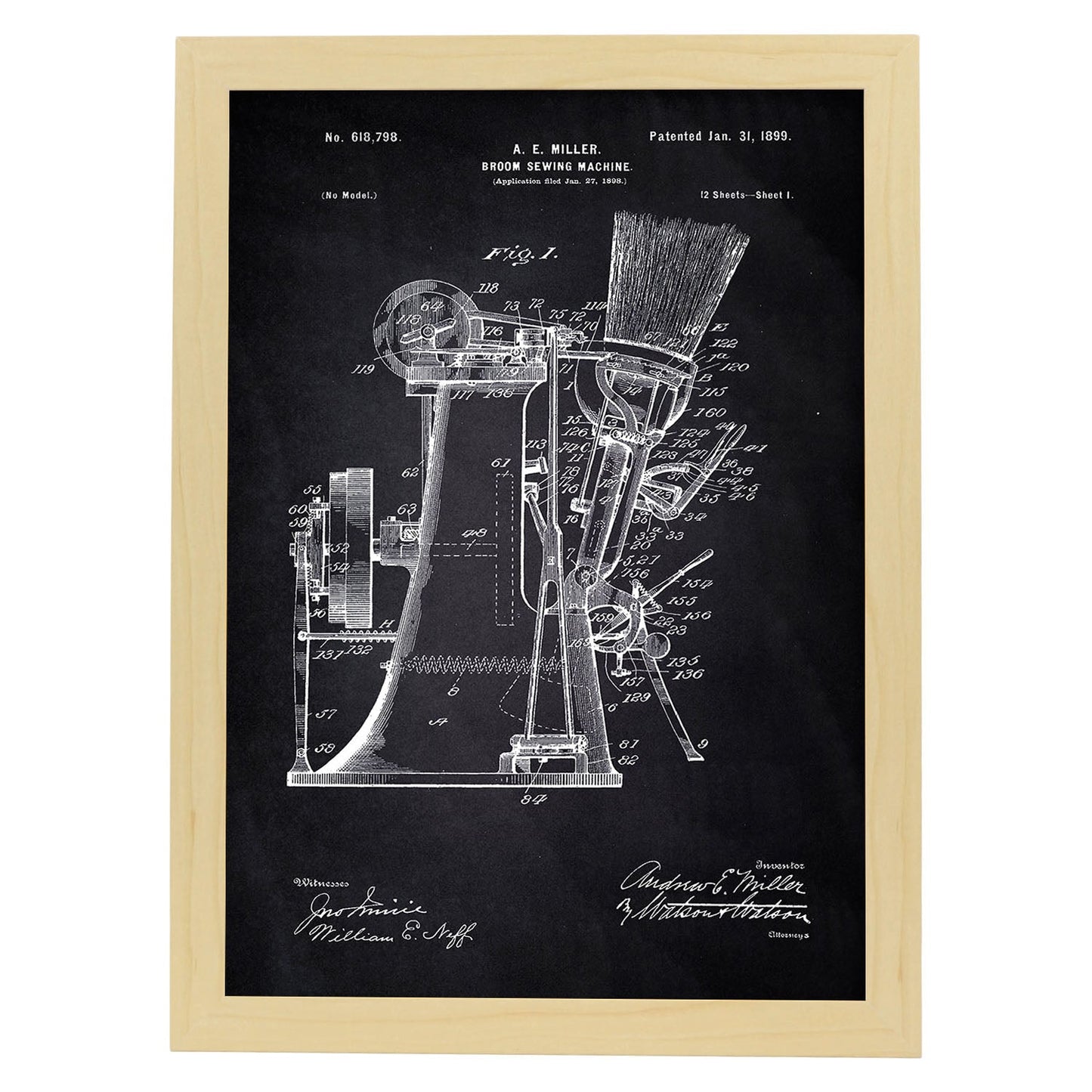 Poster con patente de Maquina de coser escobas. Lámina con diseño de patente antigua-Artwork-Nacnic-A3-Marco Madera clara-Nacnic Estudio SL