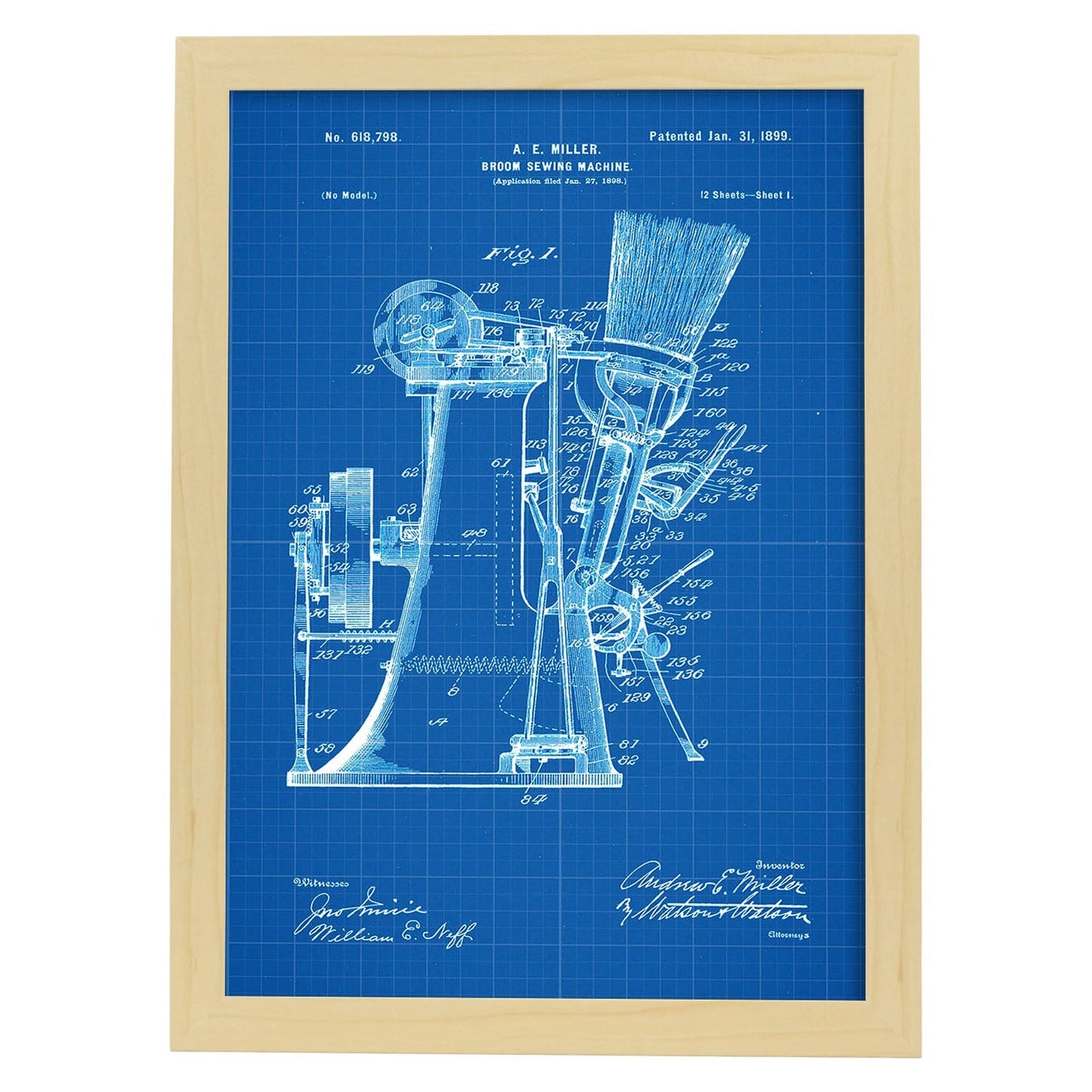 Poster con patente de Maquina de coser escobas. Lámina con diseño de patente antigua-Artwork-Nacnic-A3-Marco Madera clara-Nacnic Estudio SL