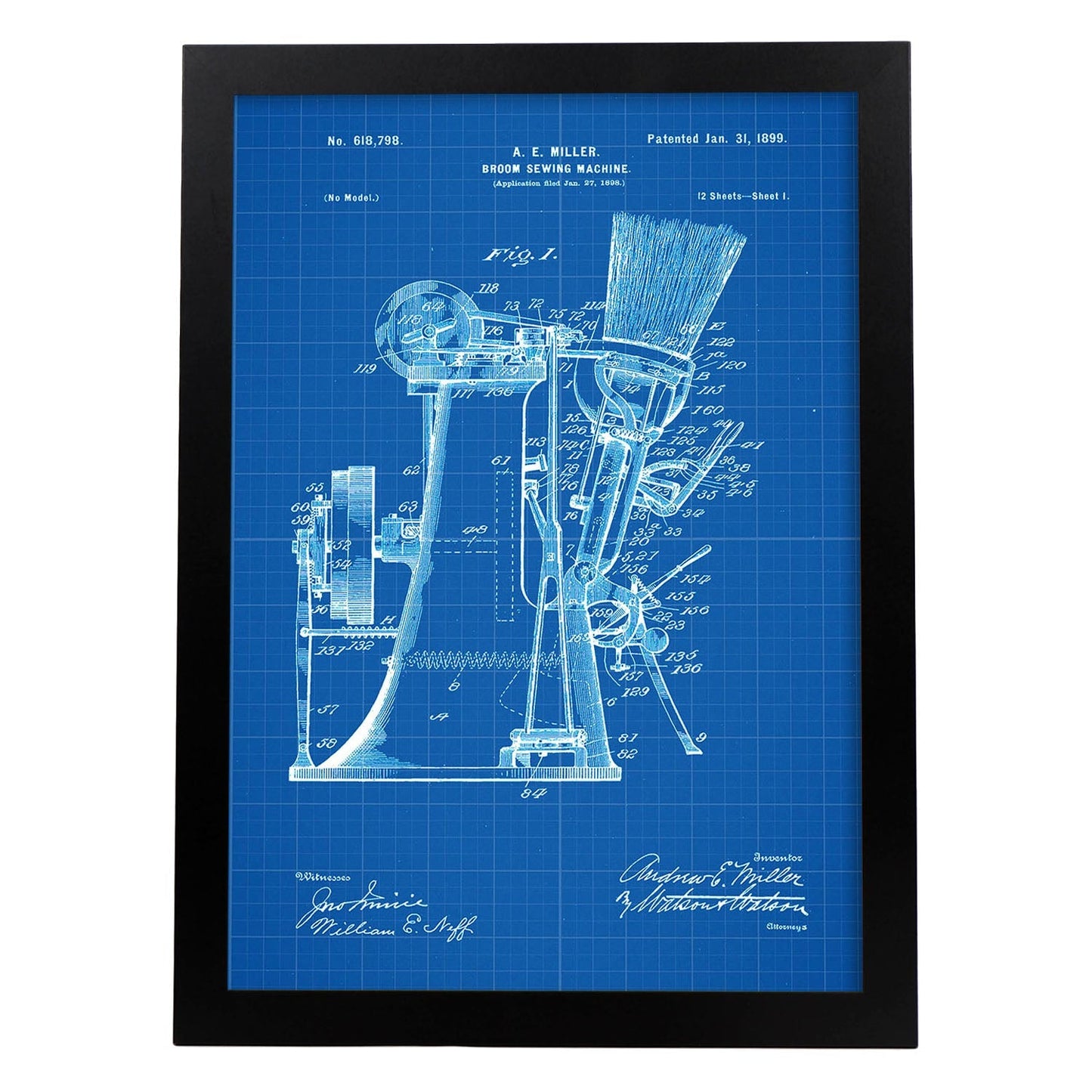 Poster con patente de Maquina de coser escobas. Lámina con diseño de patente antigua-Artwork-Nacnic-A3-Marco Negro-Nacnic Estudio SL