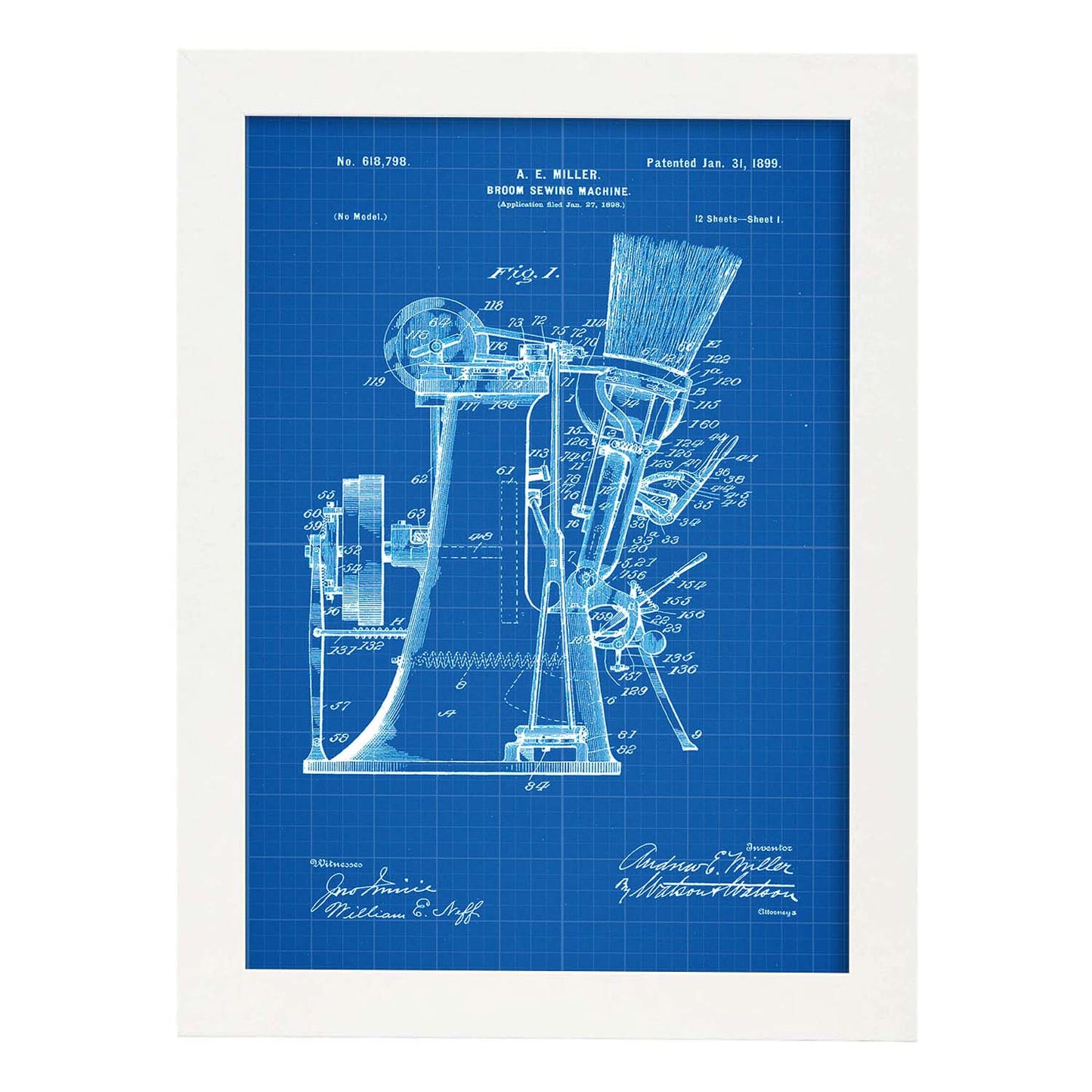Poster con patente de Maquina de coser escobas. Lámina con diseño de patente antigua-Artwork-Nacnic-A4-Marco Blanco-Nacnic Estudio SL