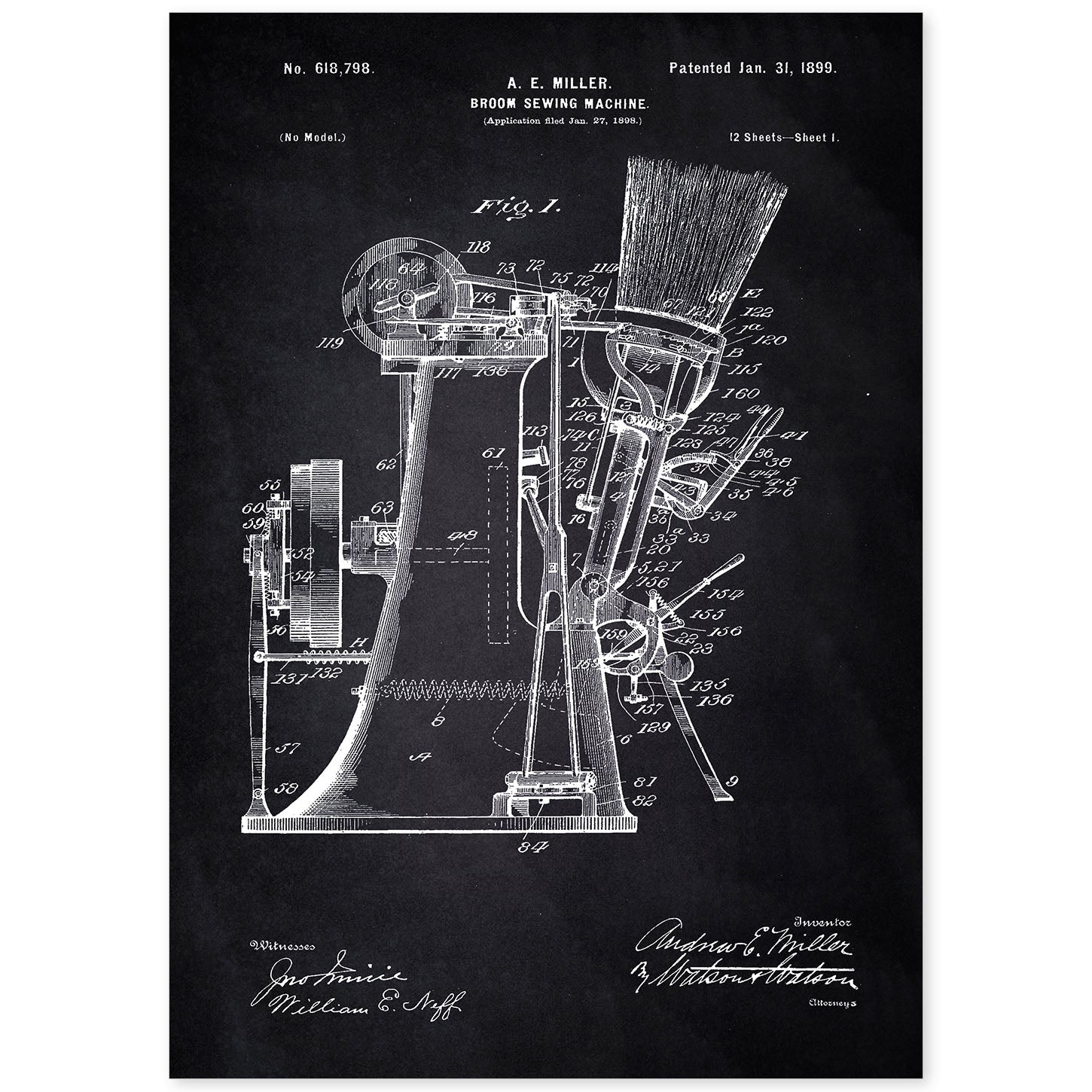 Poster con patente de Maquina de coser escobas. Lámina con diseño de patente antigua-Artwork-Nacnic-A4-Sin marco-Nacnic Estudio SL